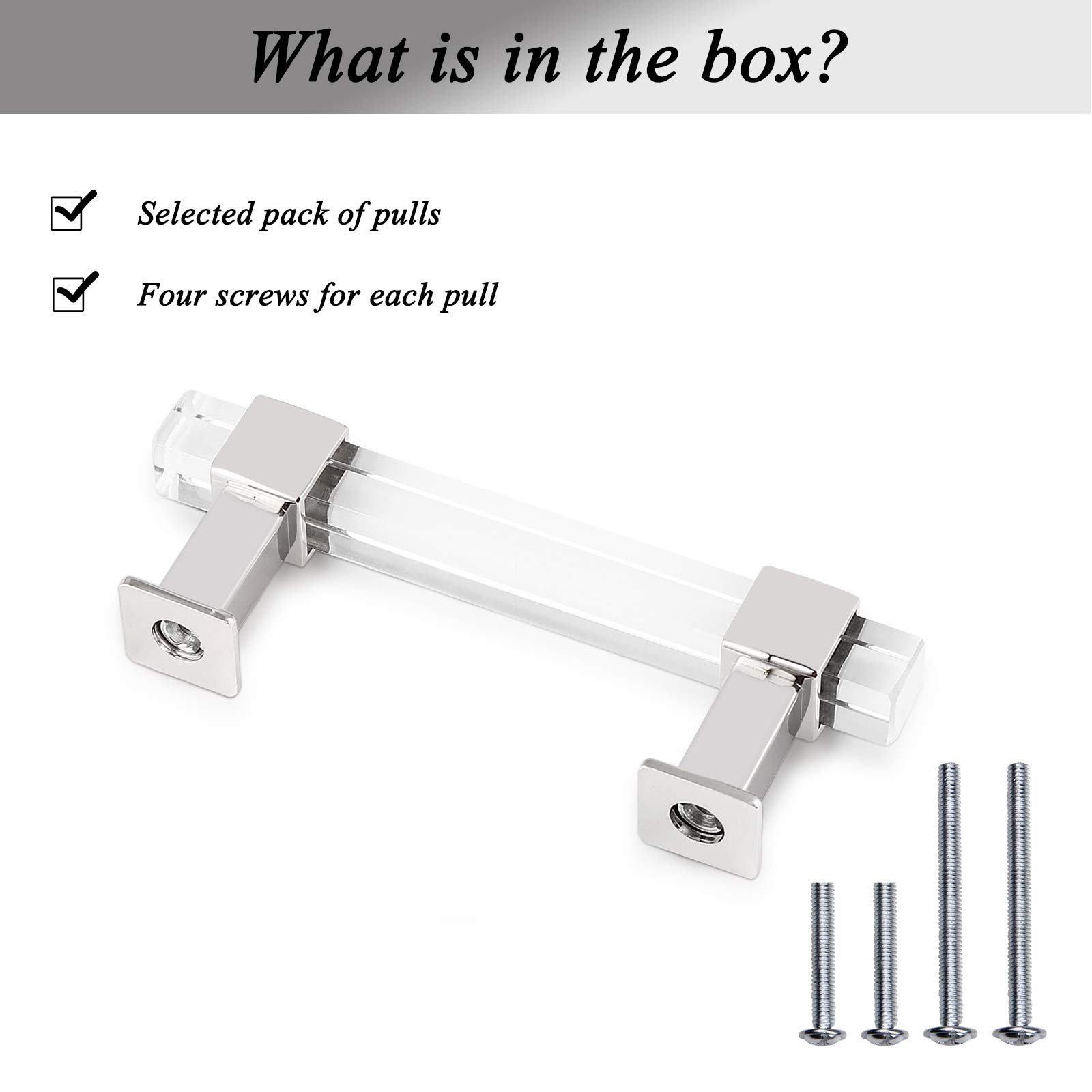 30 Pack Square Acrylic Cabinet Pulls - 3-3/4 Inch Adjustable Hole Center Kitchen Handles, Polished Chrome Zinc Alloy Drawer Pulls for Bedroom, Bathroom & Cabinet - Perfect for Modern Home Renovation and Furniture Upgrade
