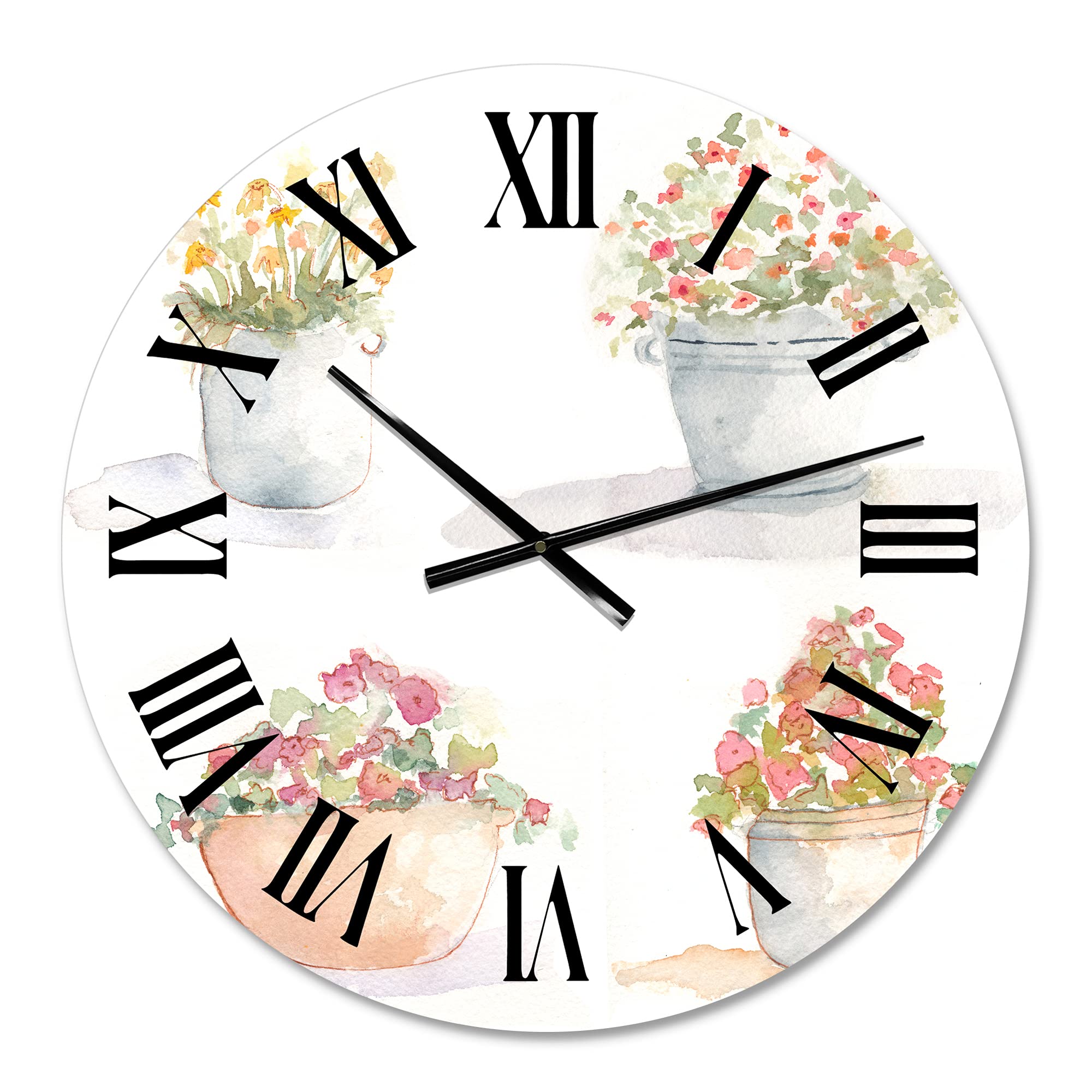 DesignQ Traditional Large Wall Clock with Four Outdoor Flower Pots Floral & Botanical Design - Perfect for Living Room, Bedroom & Office Decor