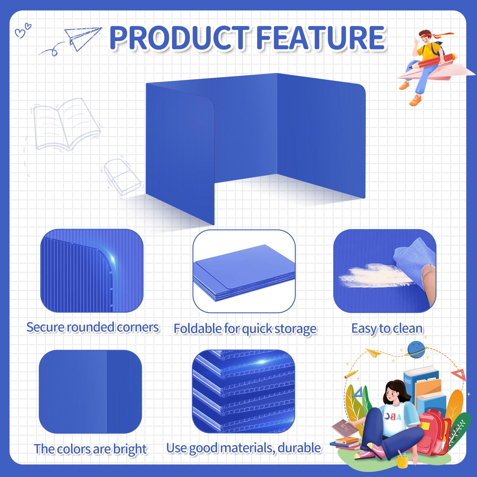 4-Pack Blue Plastic Desk Dividers for Students & Teachers - Privacy Folders, Classroom Test Partitions, Trifold Privacy Boards - Ideal for School, Study, and Exam Privacy (Blue)