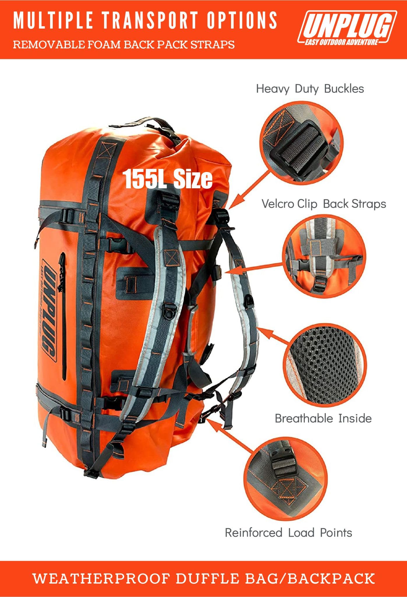 UNPLUG Ultimate Adventure Bag - 1680D Heavy Duty Waterproof Travel Duffel for Camping, Hiking, Motorcycle & Boating | Tactical Duffle Backpack for Outdoor Sports, Military Use & Water Activities