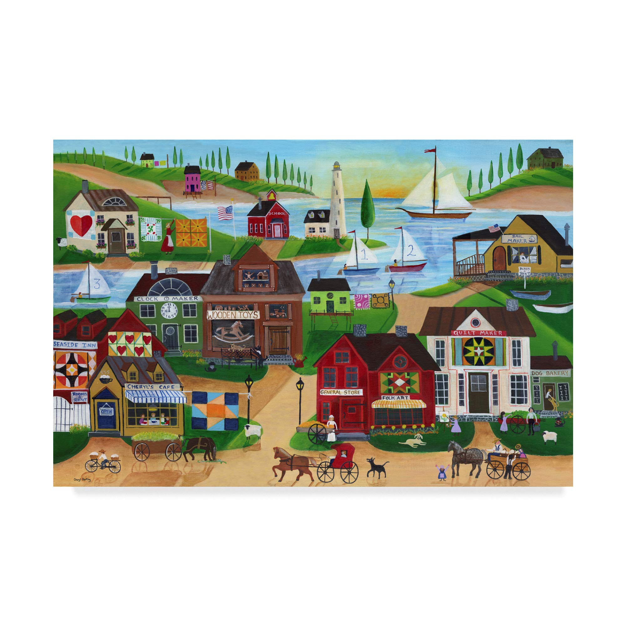 Cheryl Bartley Seaside Village with Wooden Toy Maker Sail Boats - 30x47 Inch Multicolor Fine Art Canvas Print - Perfect for Beach House Decor & Coastal Living Room Wall Art