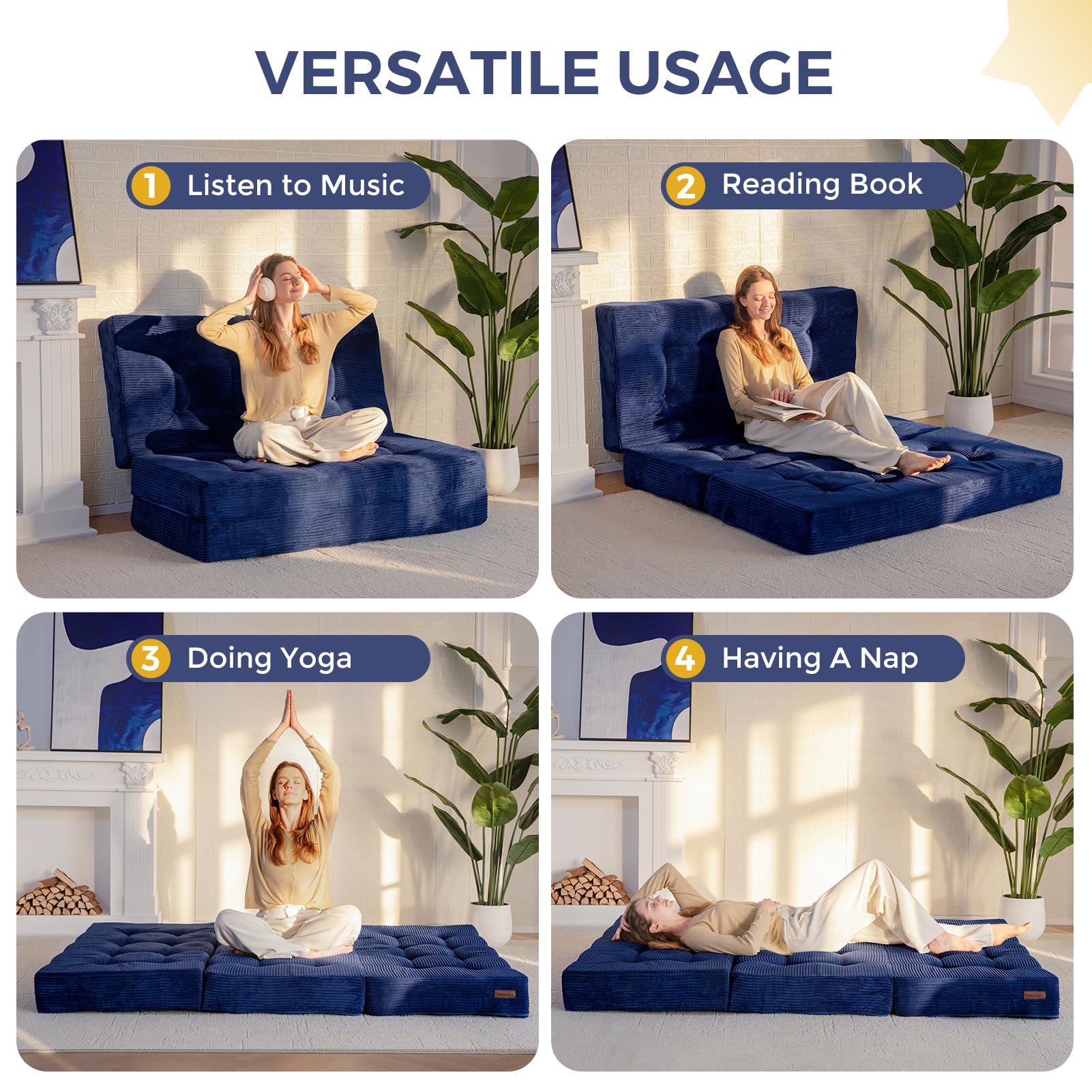 MAXYOYO 6 Inch Tri Fold Mattress - Tufted Full Foam Folding Bed with Corded Fabric in Navy Blue | Perfect for Guest Rooms, Camping & Small Spaces