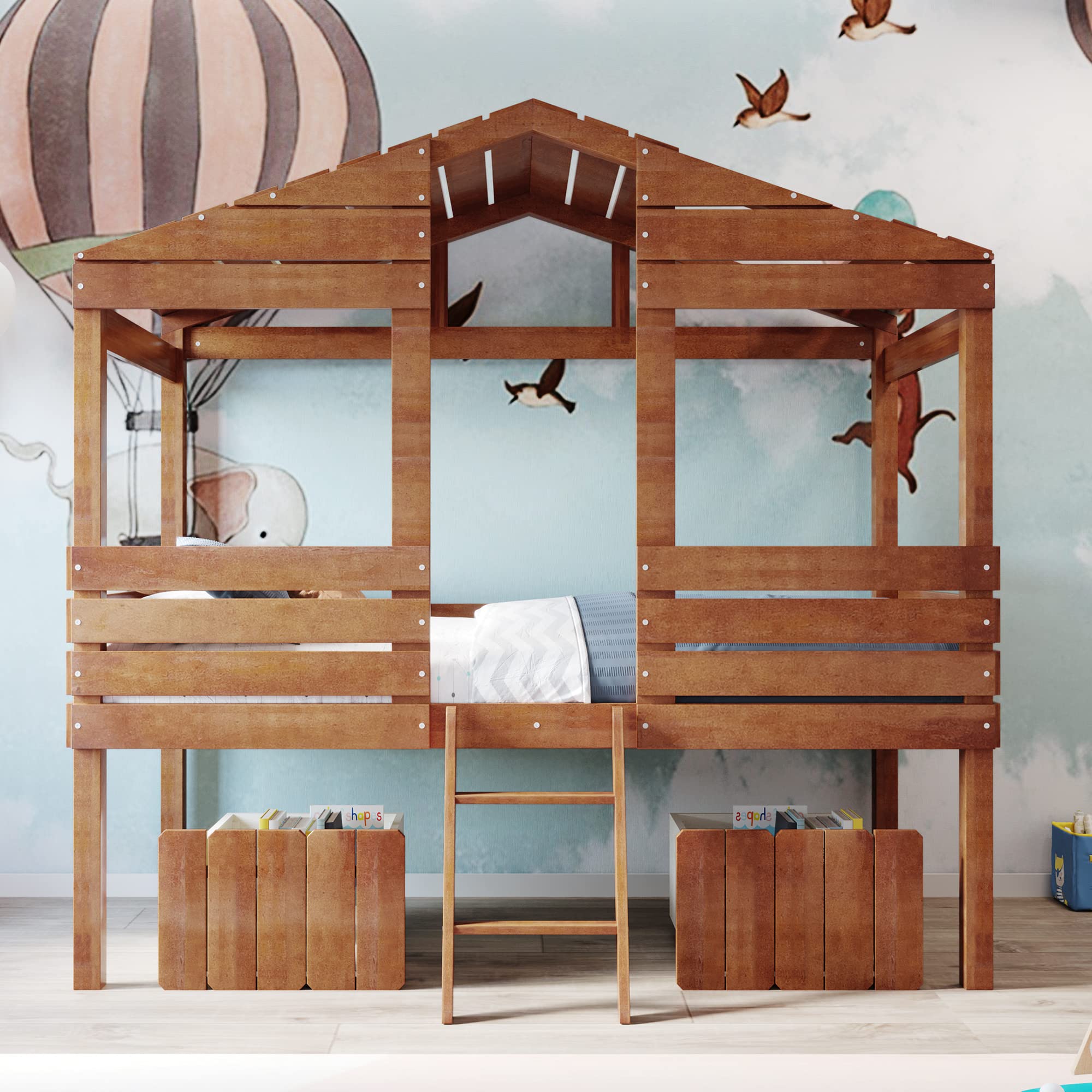 Softsea Twin House Loft Bed with Storage - Kids Play & Sleep Space