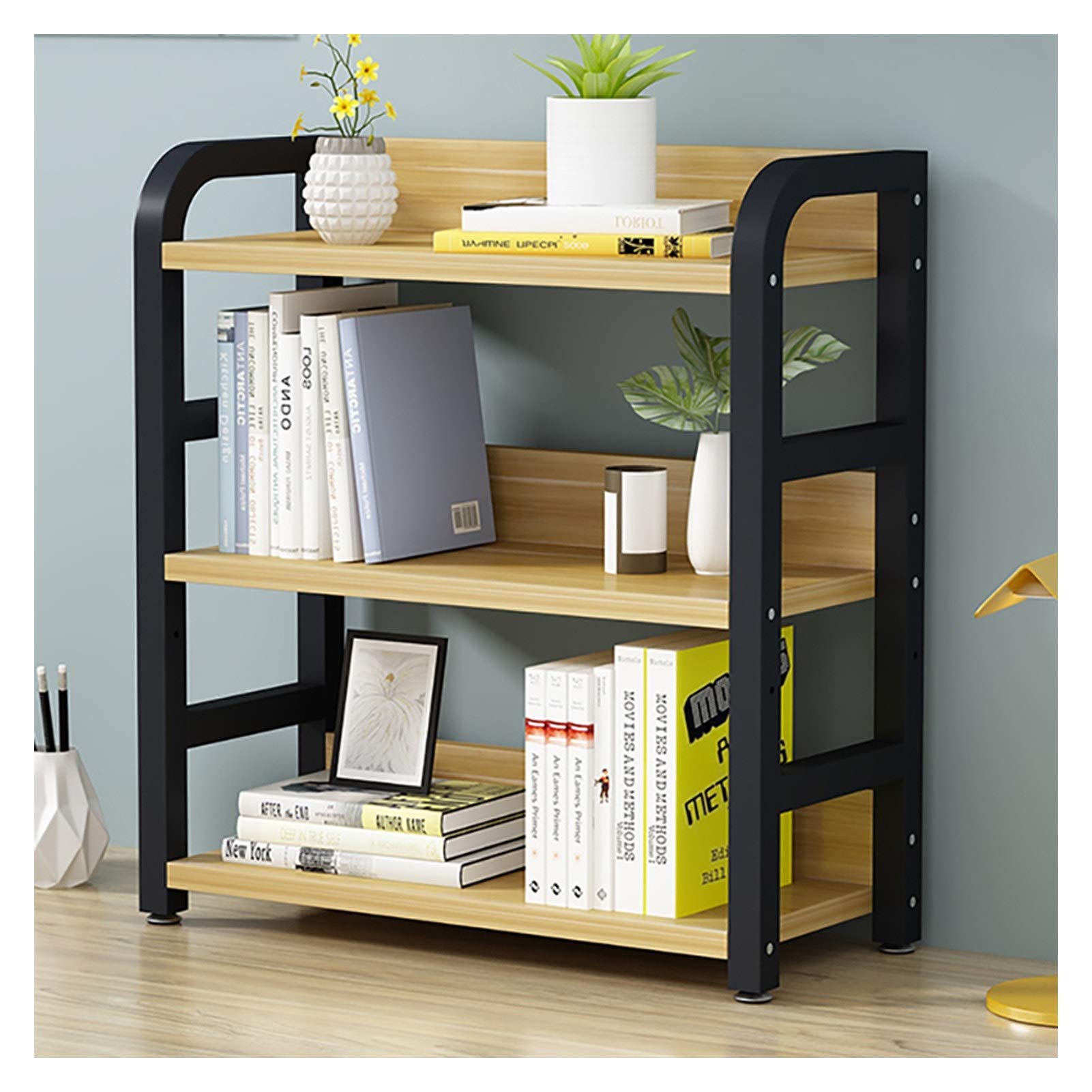 3-Tier Wooden Desktop Bookshelf with Metal Frame - Large Capacity Display & Storage Organizer for Office, Study, Dorm - Perfect for Books, Decor & Small Space Organization