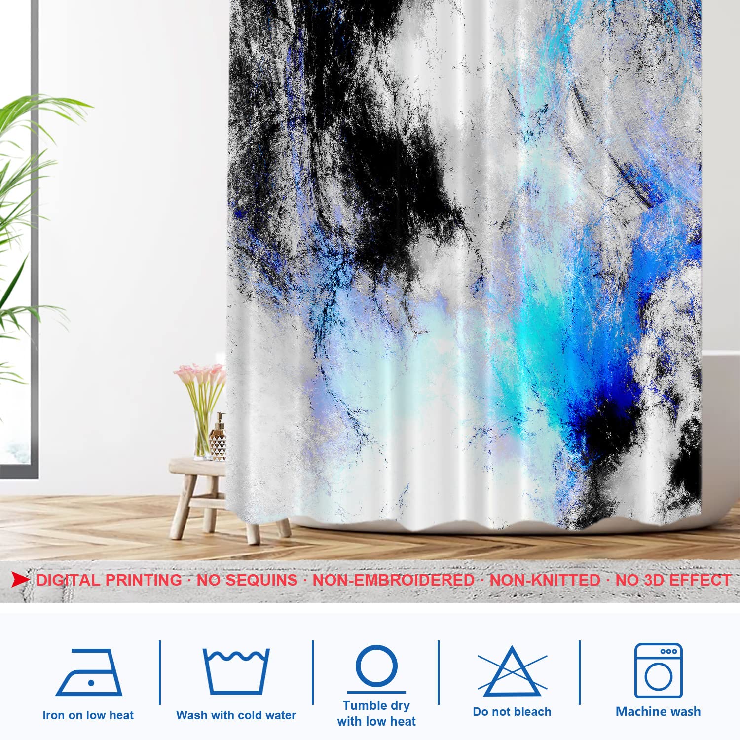Shrahala Abstract Grey & White Waterproof Shower Curtain with Grommets 72x72 Inch - Modern Fractal Blue Black Grey Bathroom Decor for Shower Stall - Perfect for Contemporary Homes, Apartments & Guest Bathrooms