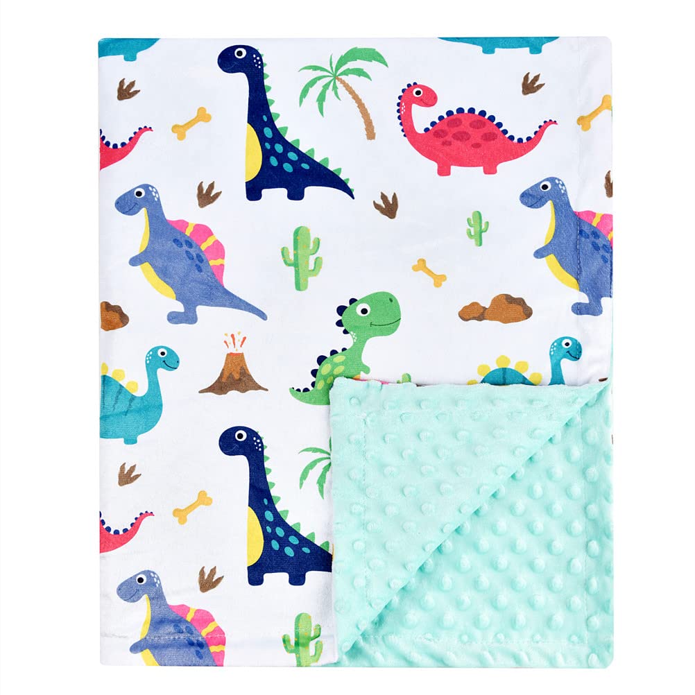 Super Soft Baby Minky Blanket - Blue Rainbow Dinosaur Print with Dotted Backing | 30x40 Inch Nursery Blanket for Newborns, Toddlers, Boys & Girls | Perfect for Crib, Stroller, Swaddling & Gift Giving