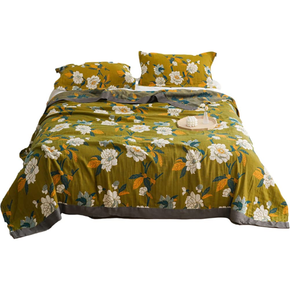 ROOMLIFE 5-Layer Cotton Quilt Queen Size - Cozy Farmhouse Green Floral Bedspread | All-Season Lightweight Coverlet 78