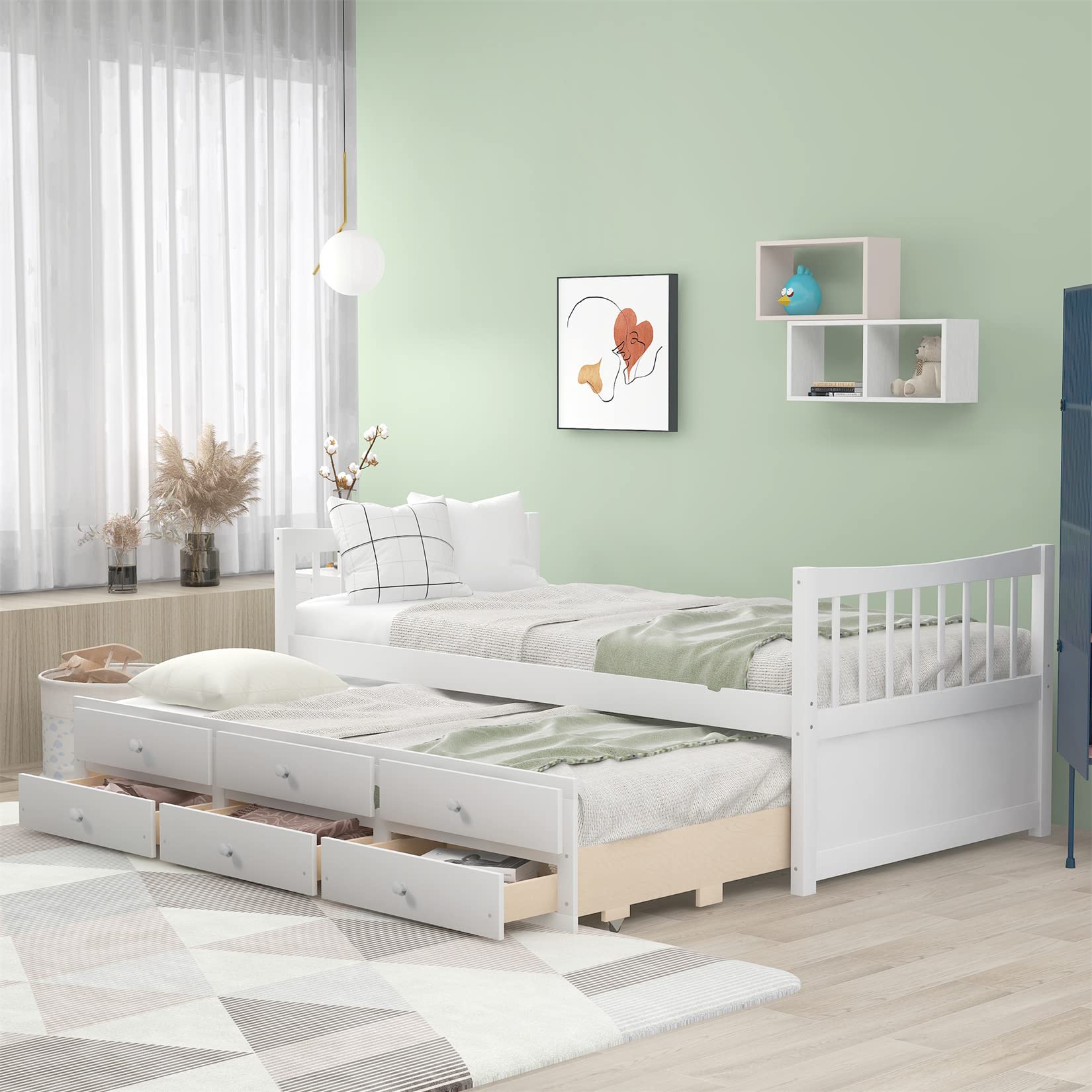 Bellemave Twin Daybed with Trundle and Storage Drawers - Wooden Twin Size Bed Frame with 3 Drawers - Platform Bed for Kids, Teens, Boys & Girls - White - Perfect for Guest Rooms, Kids' Bedrooms & Small Spaces