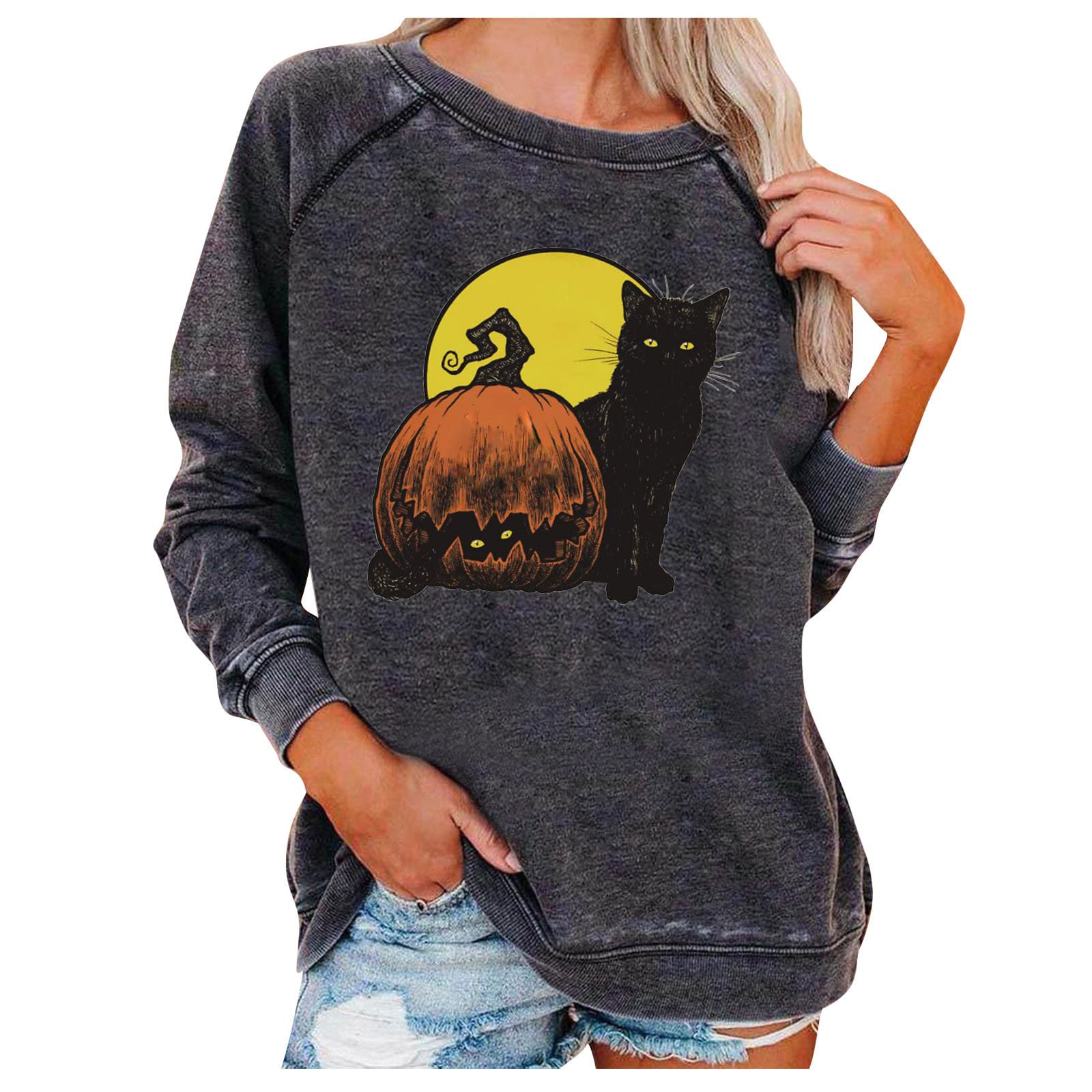 Women's Long Sleeve Sweatshirt - Pumpkin Black Cat Halloween Print Pullover Shirt, Loose Fit Round Neck T-Shirt | Casual Fall Outfit, Halloween Party Costume, Cozy Lounge Wear