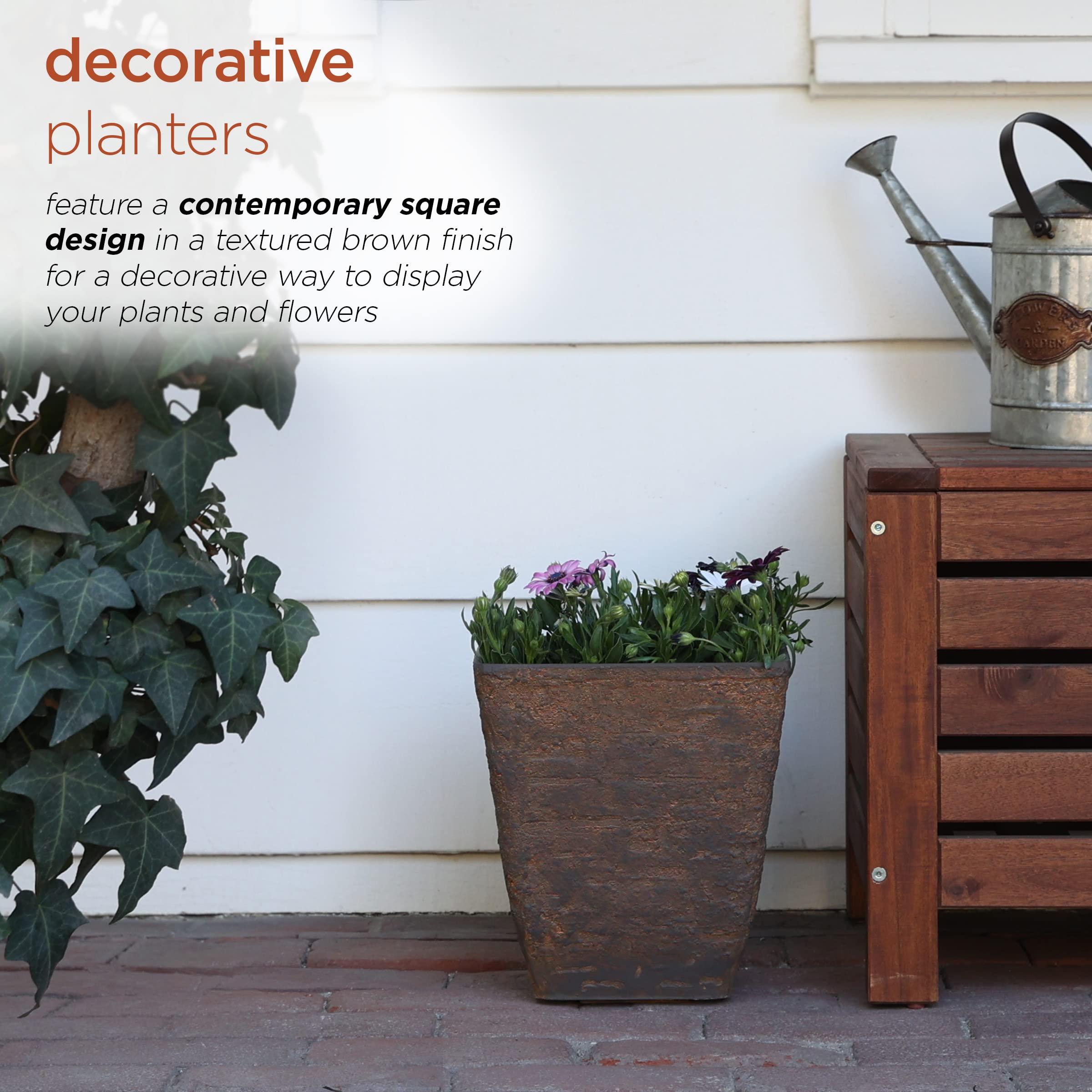 Alpine Corporation Indoor Outdoor Stone Look Square Planter Set of 2 - Small Brown Flower Pots for Patio, Garden, Deck & Home Decor