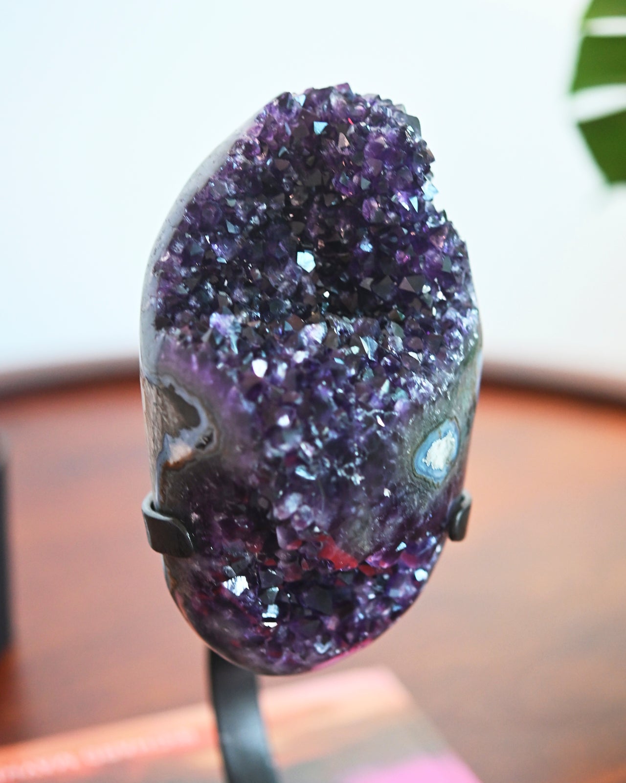 Natural Banded Amethyst Crystal Geode with Wooden Stand - 4.8 lbs Raw Purple Amethyst Cluster for Home Decor, Meditation & Healing Crystal Collection
