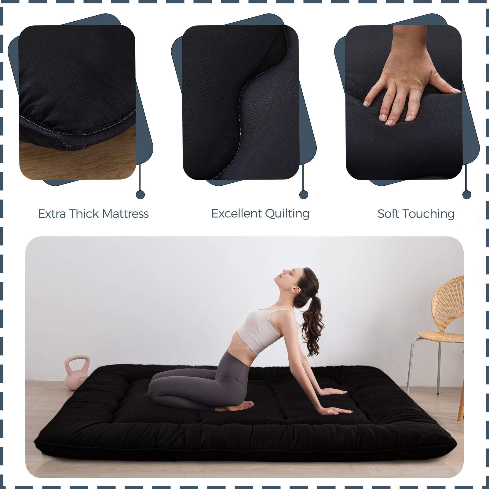 MAXYOYO 6 Extra Thick Japanese Classic Floor Futon Mattress - Black | Comfortable Tatami Sleeping Mat for Guest Bed, Small Space Living, Meditation & Yoga | Premium Foldable Floor Bed for Apartments, Dorms & Travel