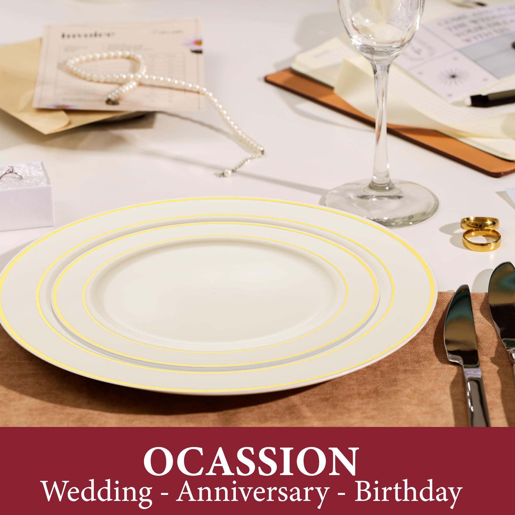 Premium 240-Pack Disposable Plastic Plates Set - 120 Heavy Duty White Gold-Rimmed Dinner Plates + 120 Elegant Dessert Plates for Wedding, Birthday Party, Catering & Special Events - Durable & Stylish Tableware for Any Occasion