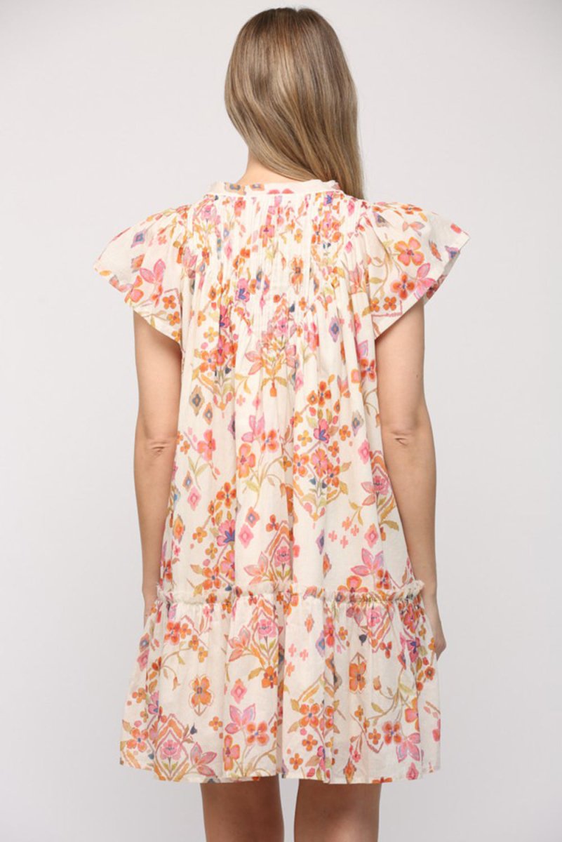 Apricot Floral Geometric Print Ruffled Trim Flutter Sleeve Dress - Elegant Summer Party & Wedding Guest Outfit