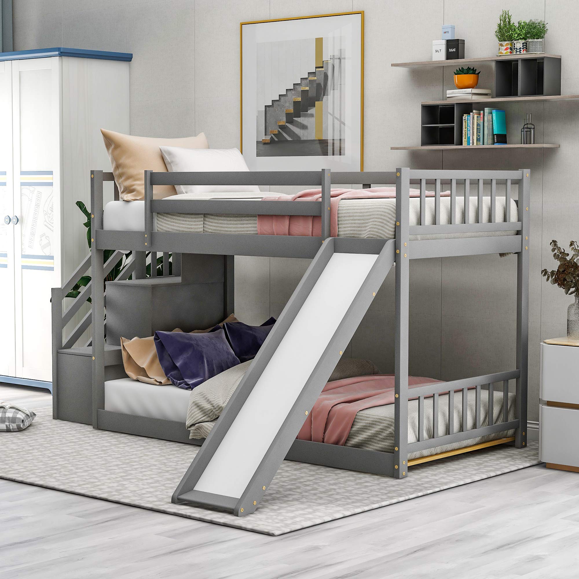 **Convertible Twin Over Twin Wood Bunk Bed with Slide & Stairway - Low Bunk Bed for Kids, No Spring Box Needed (Gray) - Perfect for Small Bedrooms & Shared Kids' Rooms**