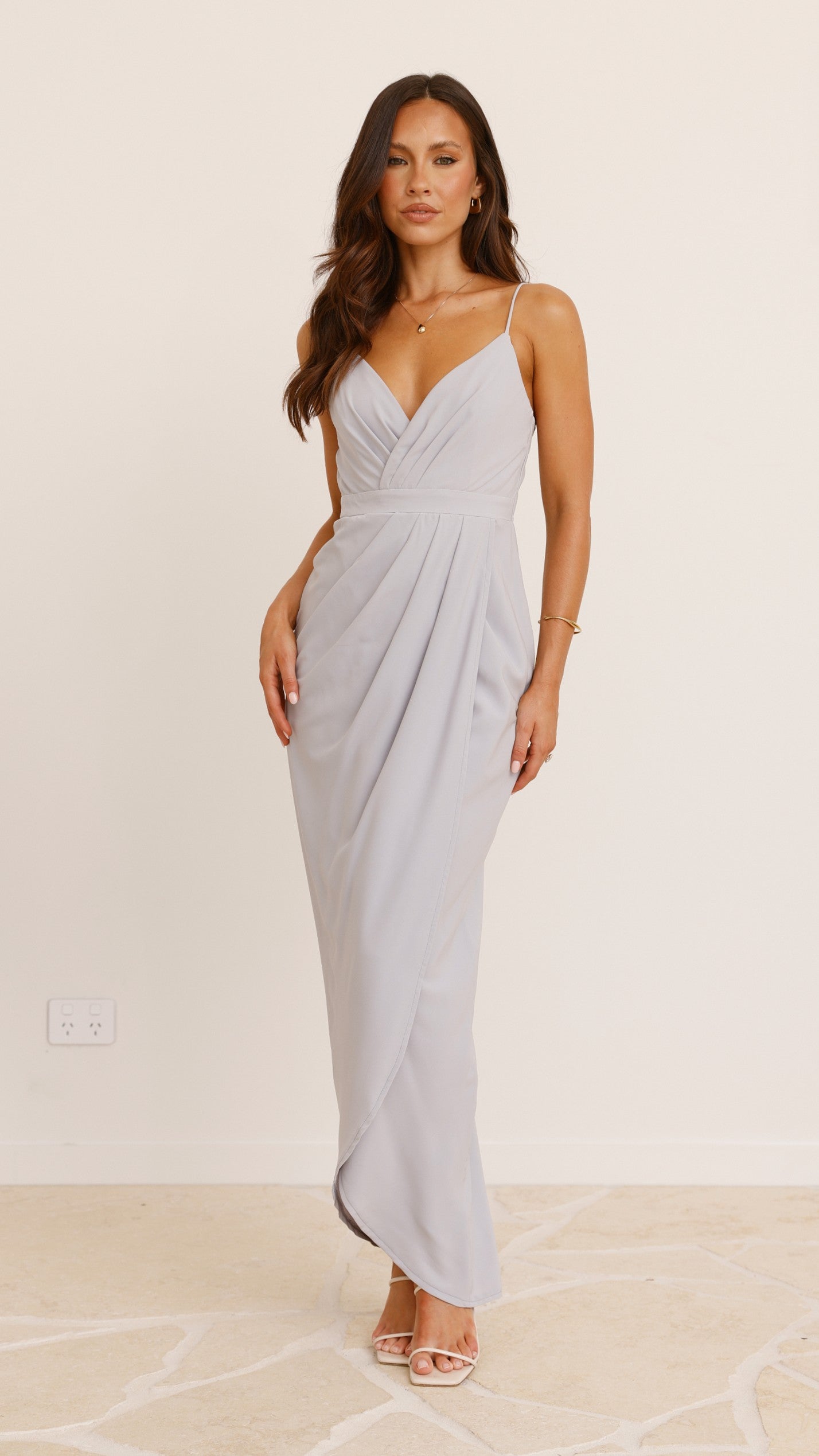 Charlotte Draped Maxi Dress - Light Grey Flowy Long Evening Gown for Women | Perfect for Weddings, Parties & Special Occasions