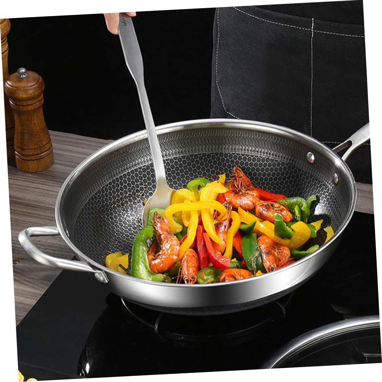 DECHOUS 34cm Stainless Steel Honeycomb Grain Nonstick Wok Pan - Induction, Electric & Gas Stove Safe - Easy Clean BBQ & Stir Fry Cooking Pan for Home Kitchen