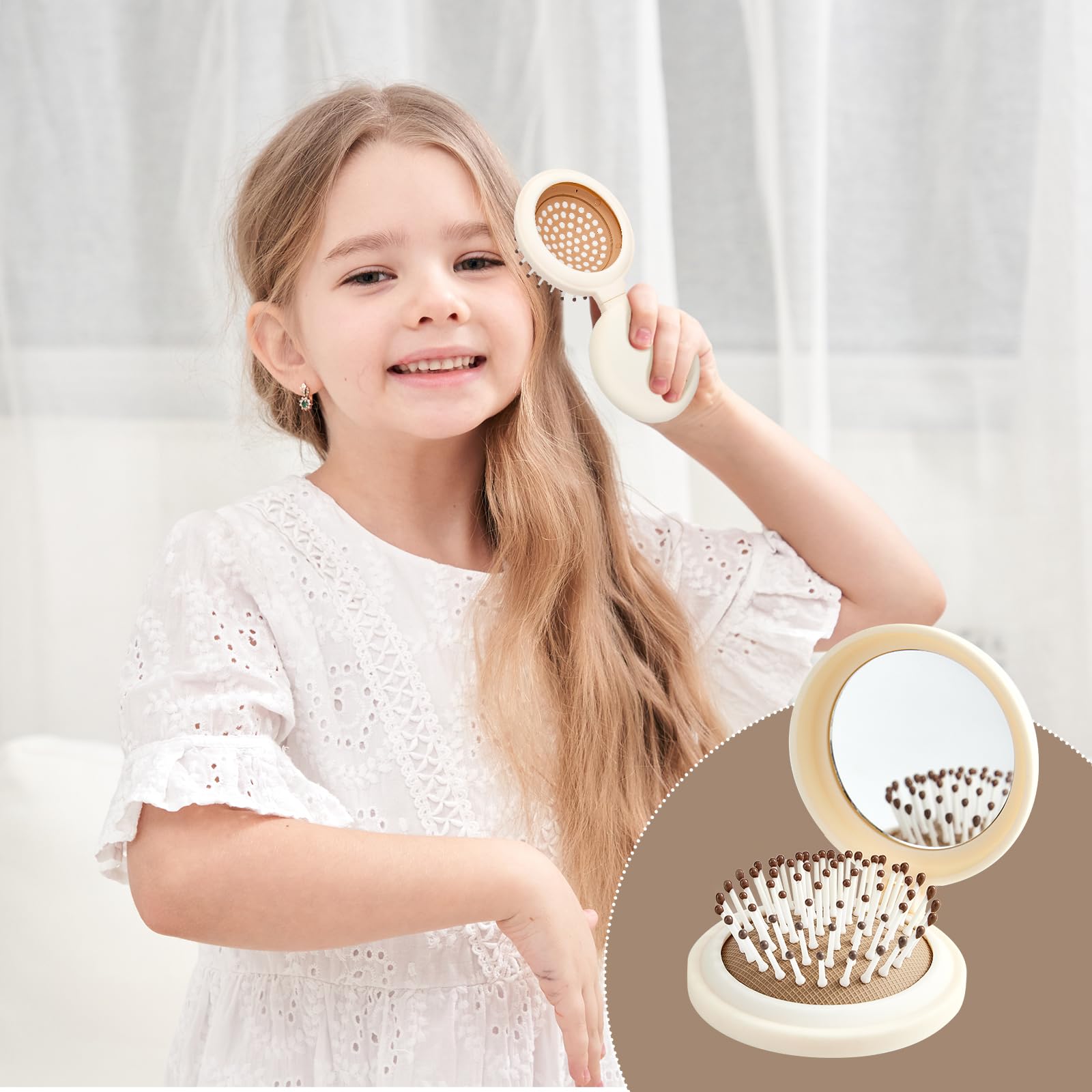 RHOS Compact Folding Hair Brush with Mirror - Portable Travel Brush for Women, Men & Kids - Perfect for Purse, Pocket & On-the-Go Styling - Ideal for Travel, Gym & Daily Touch-Ups (Beige)