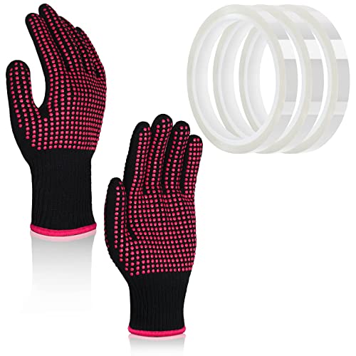 Heat Resistant Gloves with Silicone Bumps & 3 Rolls 10mm x 33m Heat Press Tape - Thermal Protection Gloves for Hair Styling, Curling Wands, Sublimation & DIY Crafts - Perfect for Salon Professionals & Home Use (Clear)