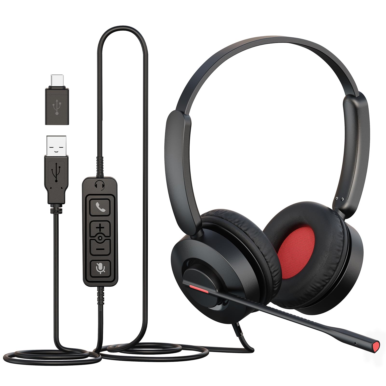 MAIRDI USB Headset with Microphone - Noise Cancelling PC Headset for Laptop, USB-A/USB-C Wired Computer Headset with Mute Button - Perfect for Business, Home Office, Call Centers, Teams, Zoom & Online Meetings (Comfortable Over-Ear Design)