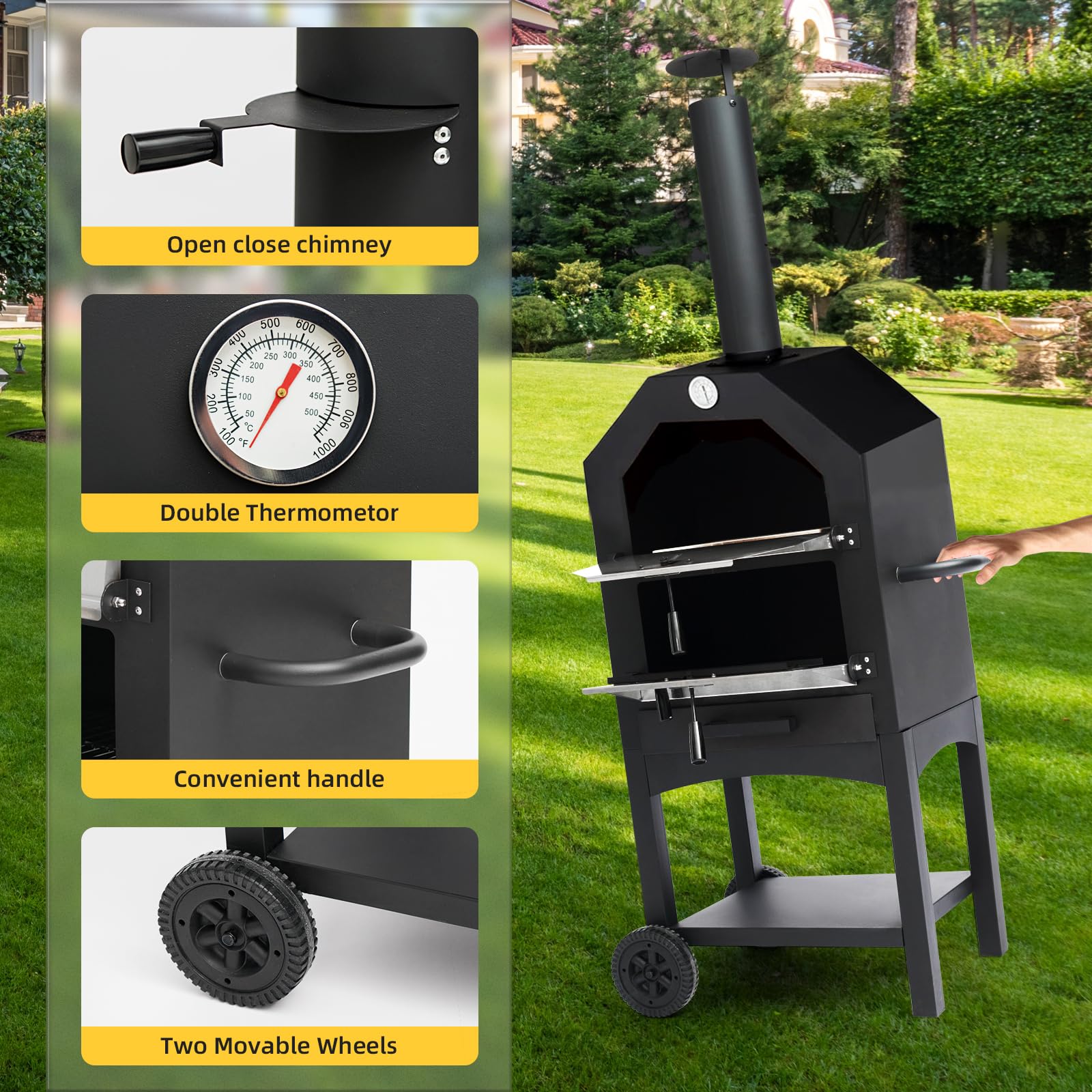 **Portable Wood-Fired Pizza Oven for Outdoor Cooking – Includes Pizza Stone, Peel, Grill Rack & Waterproof Cover – Perfect for Backyard BBQs, Camping Trips & Picnics (Black)**