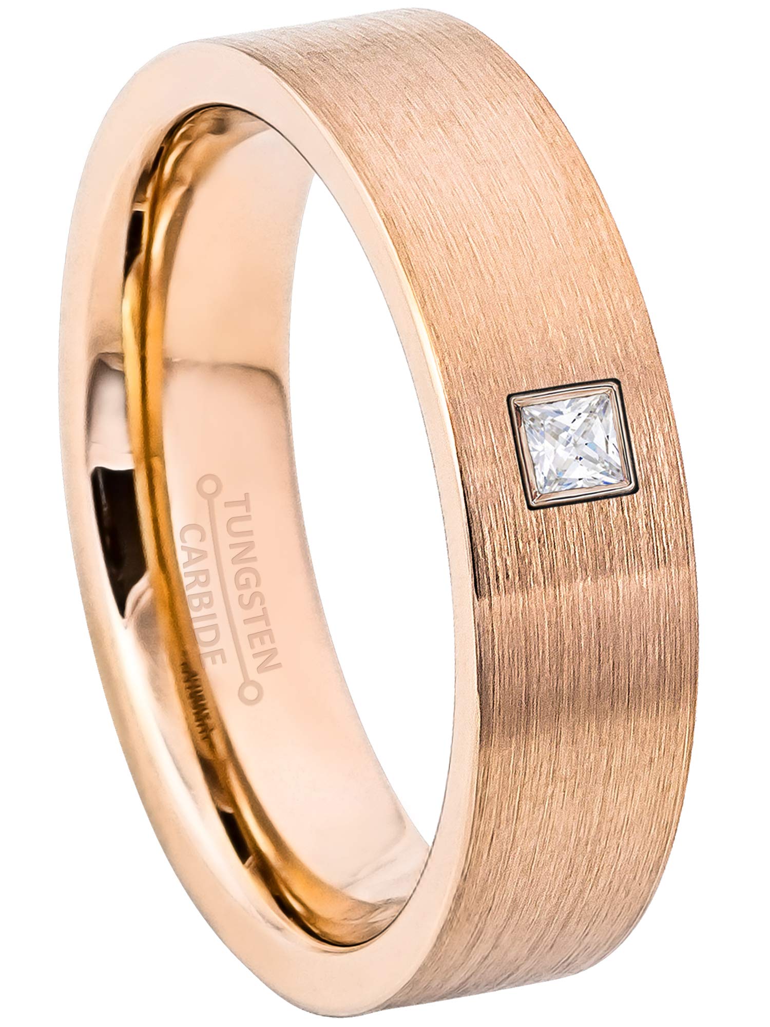 0.05ctw Princess Cut Solitaire Diamond Tungsten Ring - 6MM Brushed Rose Gold Tungsten Carbide Wedding Band - April Birthstone Jewelry for Women - Perfect for Engagement, Anniversary & Special Occasions