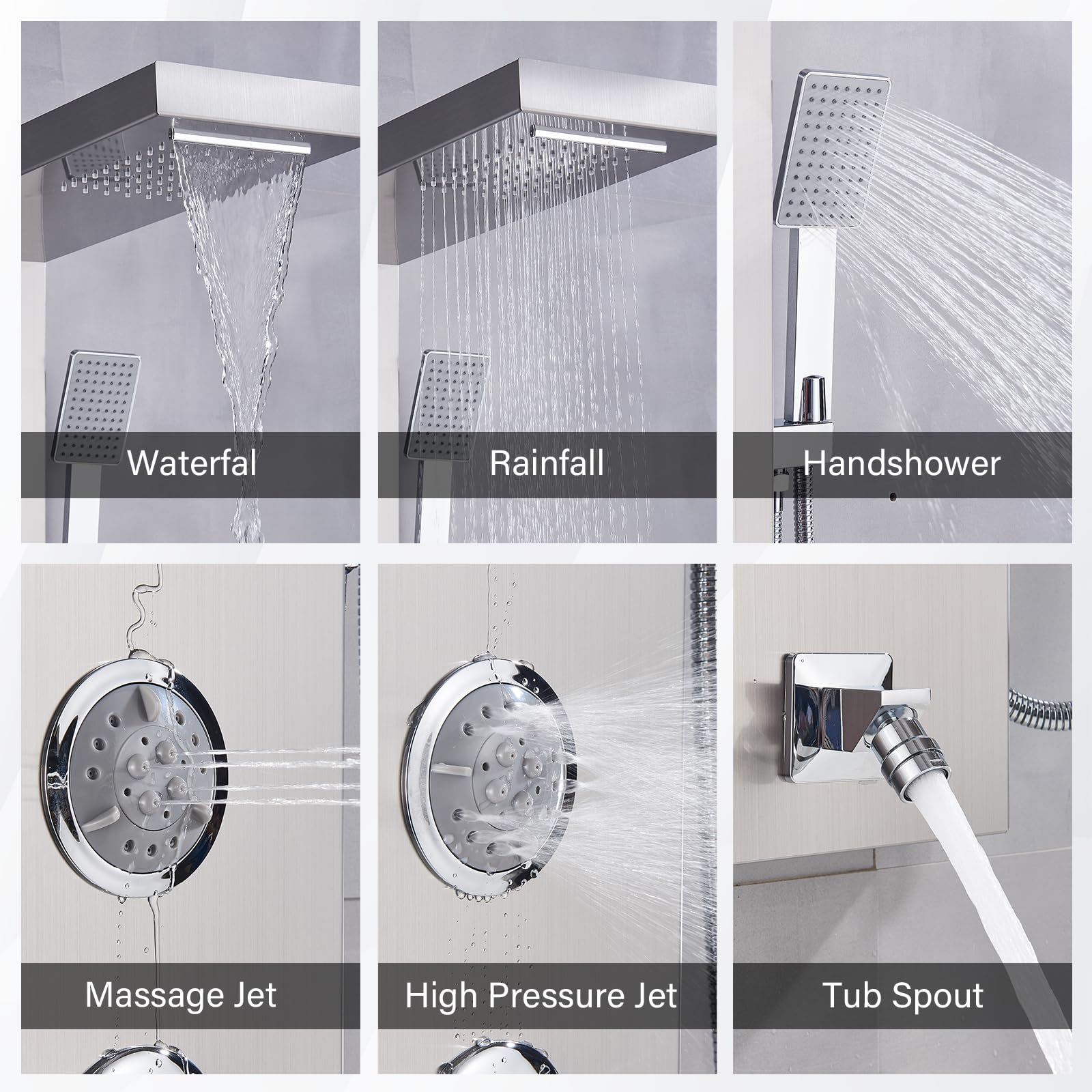 AlenArt Stainless Steel Shower Panel with Massage Jets & Rainfall Shower Head - Multi-Function Wall Mounted Bathroom Shower System in Brushed Nickel | Perfect for Spa-Like Experience, Luxury Bathroom Upgrade & Relaxing Hydrotherapy
