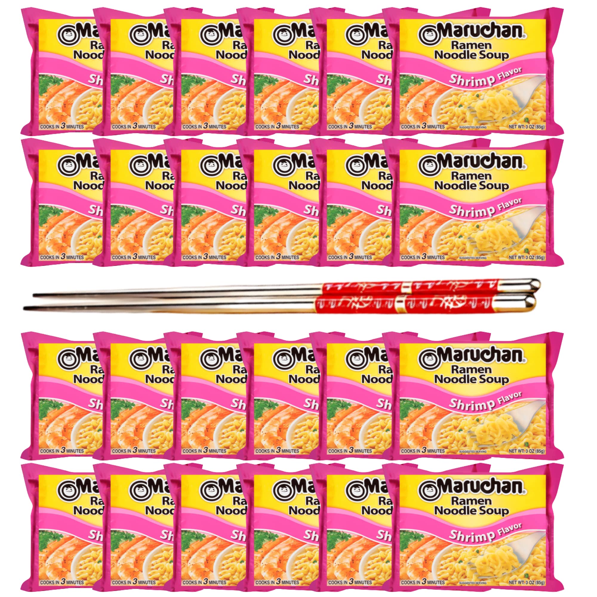 Ja’Cor Instant Ramen Noodles Soup 3 oz - Shrimp Flavor | Quick & Easy Lunch, Snack or On-the-Go Meal | Includes 24 Individual Packs + Reusable Chopsticks | Perfect for Office, Dorm, Travel & Emergency Food Supply