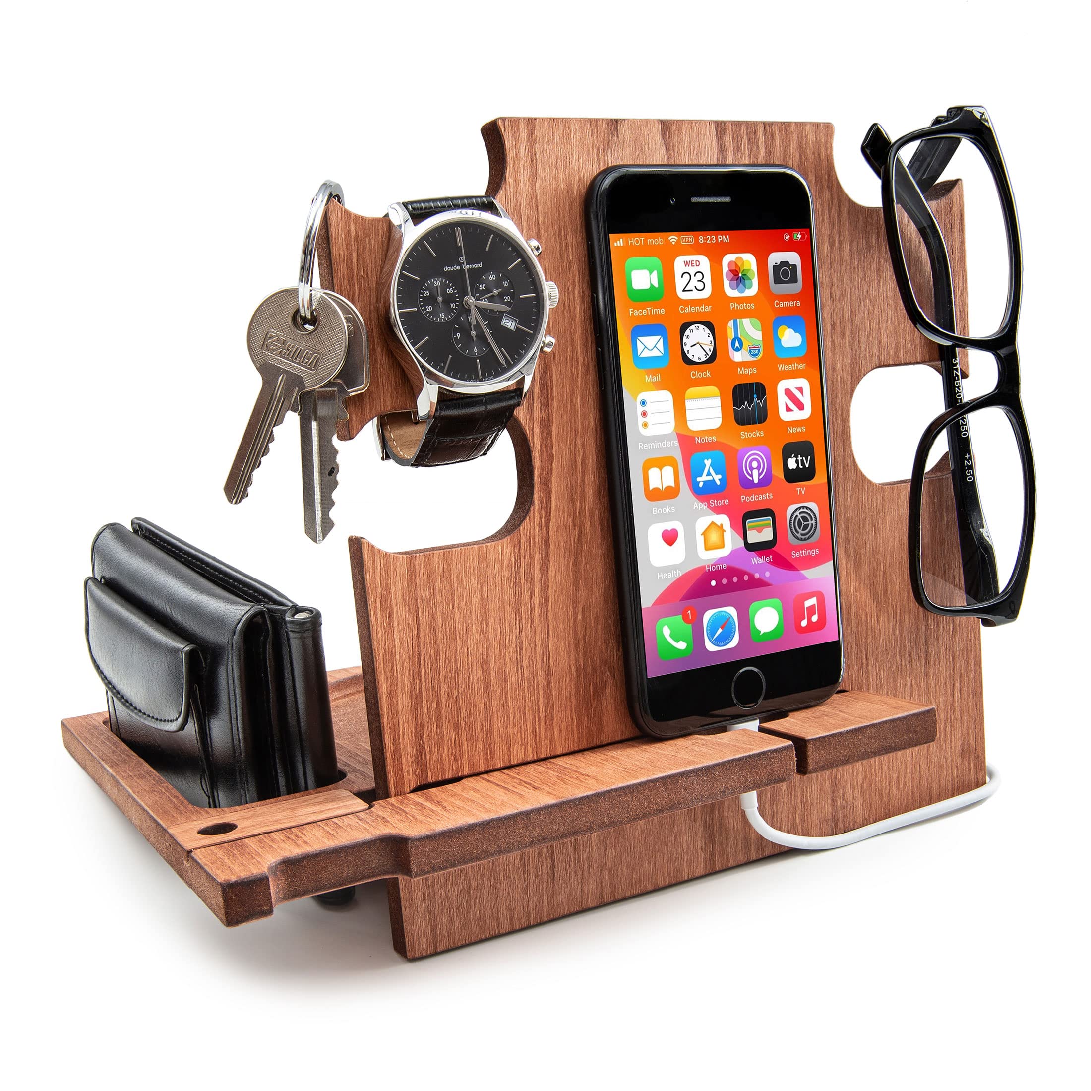 Premium Walnut Phone Docking Station & Night Stand - Wireless Charging Organizer for iPhone, Samsung, AirPods | Perfect for Bedside, Office & Home Decor