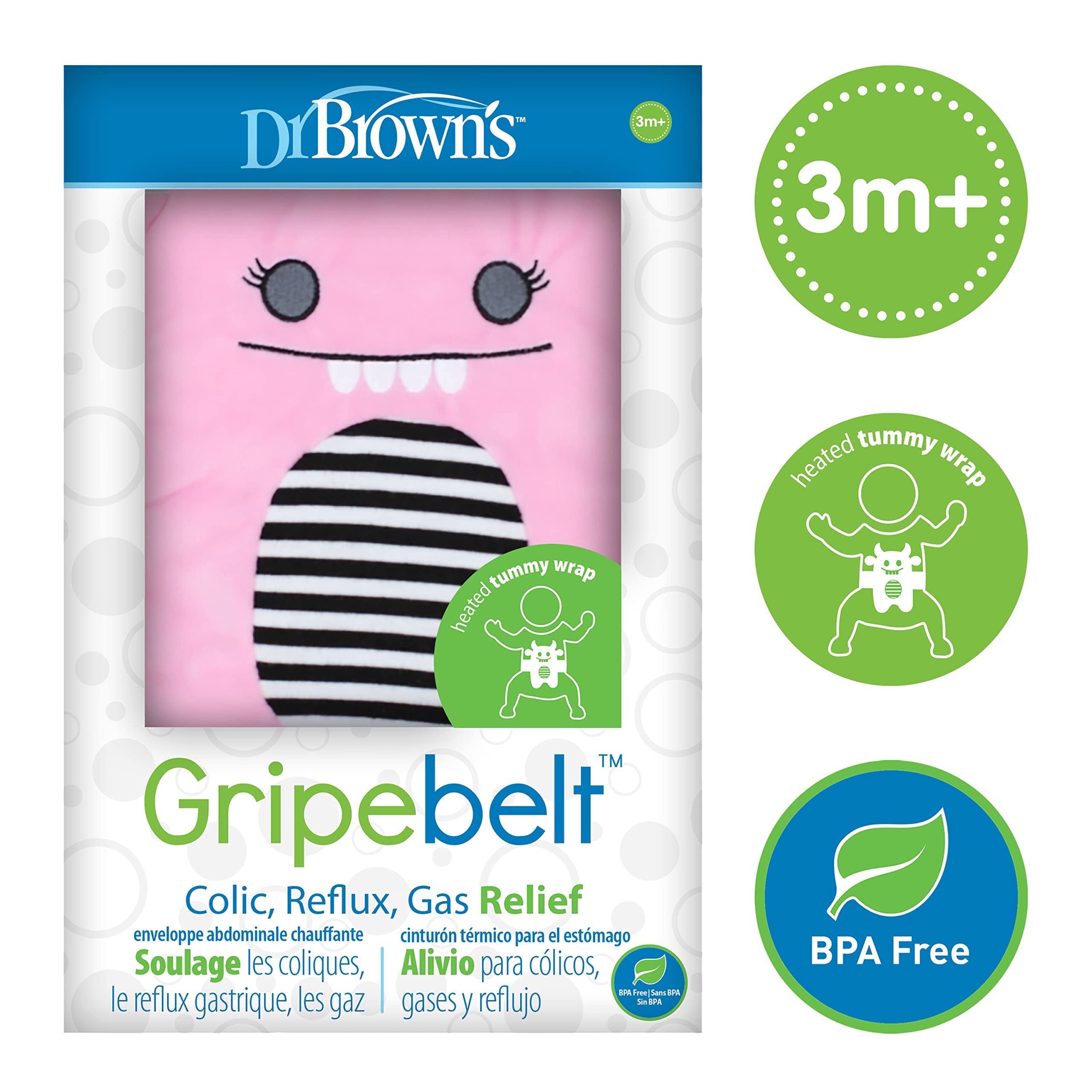 Dr. Brown’s Anti-Colic Options+ Narrow Baby Bottles with Level 1 Nipples – 8oz 4-Pack & Gripebelt for Colic, Gas & Upset Stomach Relief – Newborn & Toddler Feeding Essentials – Perfect for Daycare, Travel & Nighttime Feeding – Pink Monster Design