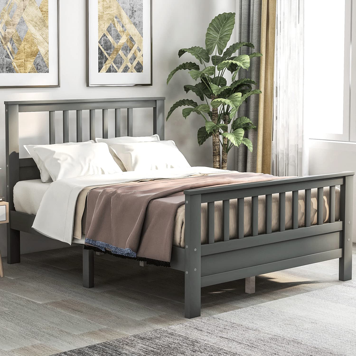 Full Size Wood Platform Bed Frame with Headboard & Footboard - No Box Spring Needed, Sturdy & Modern Design (Full, Gray) - Perfect for Bedrooms, Guest Rooms & Dormitories
