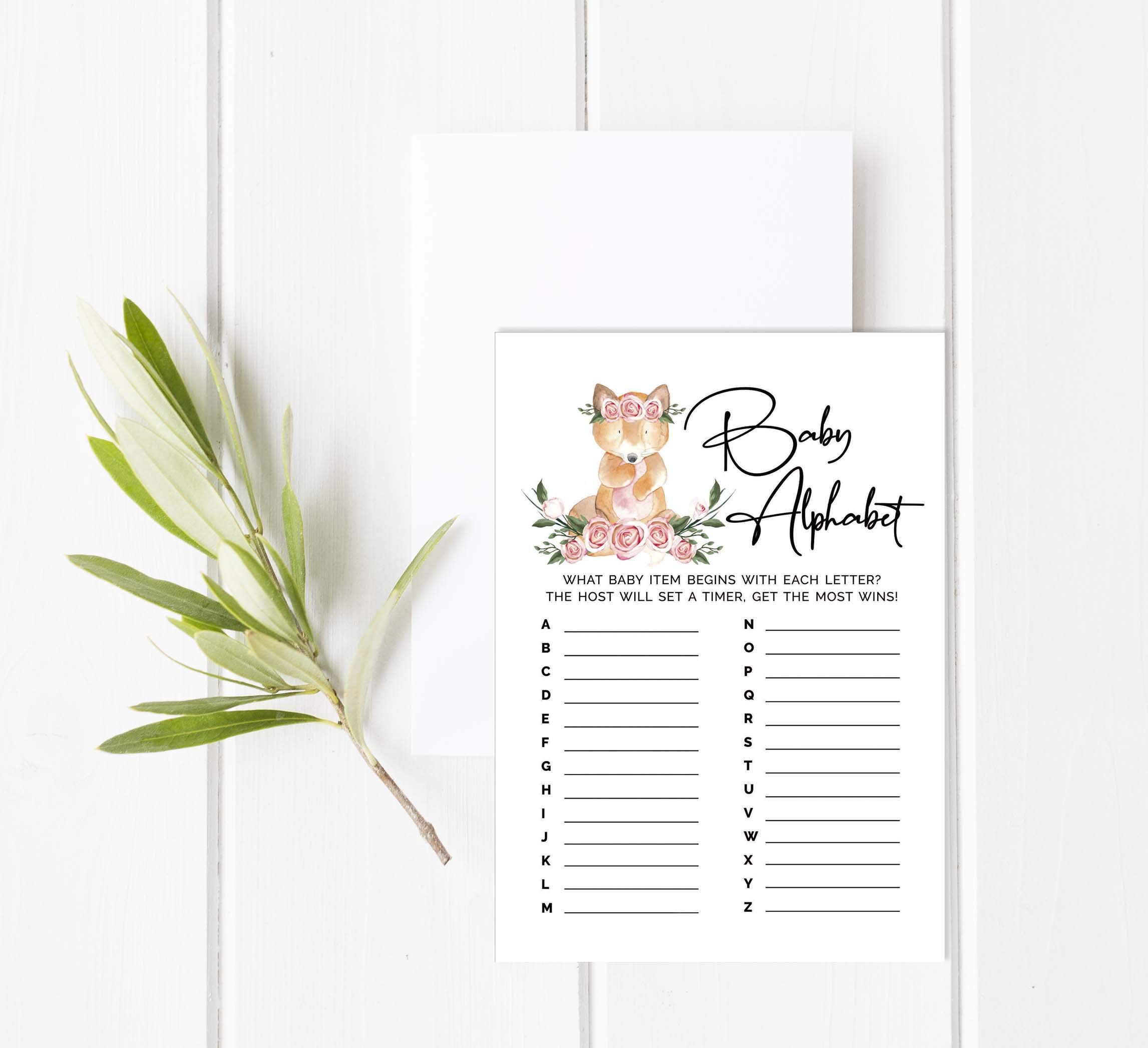 Fox Animal Baby Shower Game Set - 50 Baby Alphabet ABC Cards - Gender Neutral Party Supplies for Baby Showers, Birthdays, and Nursery Decor