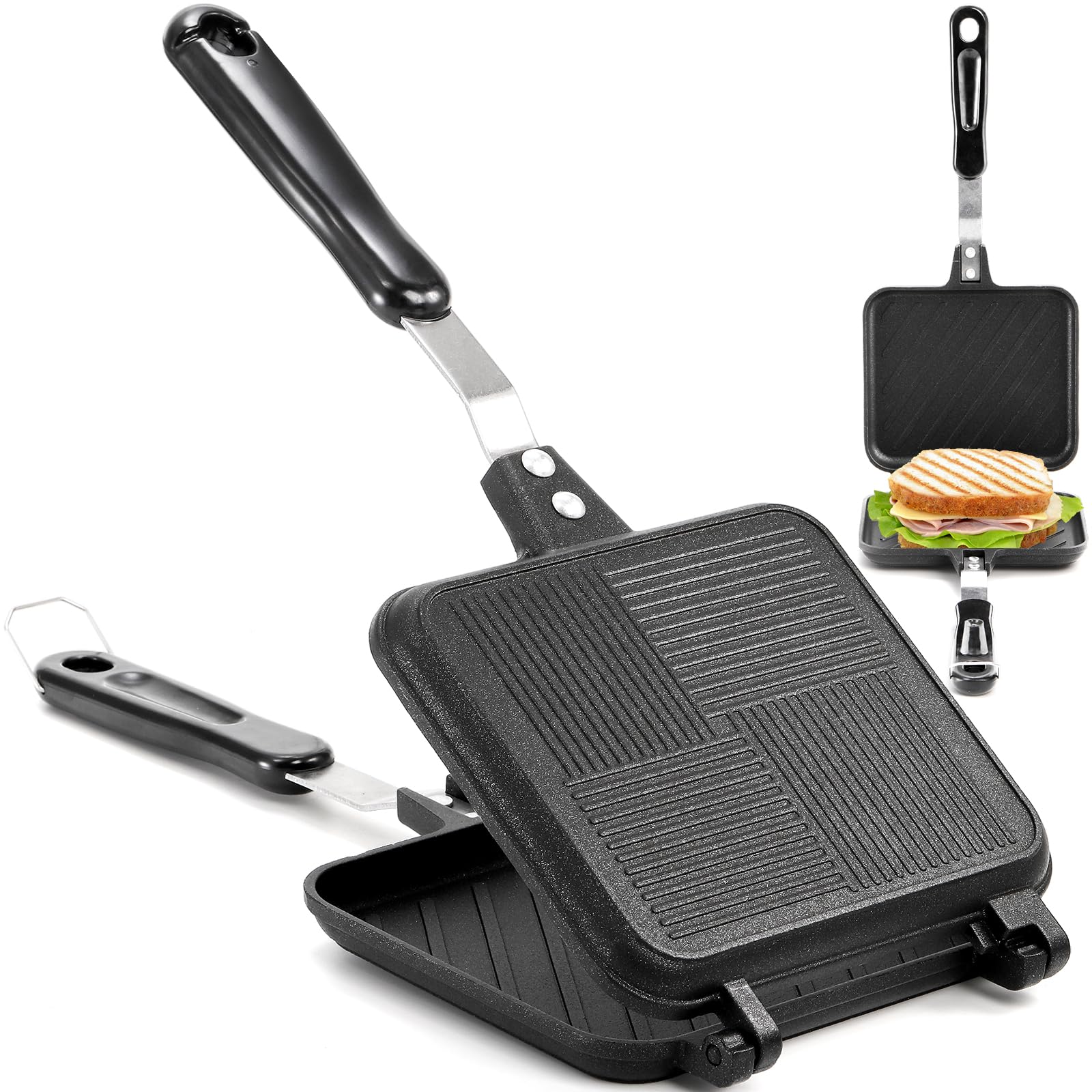 Elsjoy Non-Stick Stovetop Panini Press - Double Sided Sandwich Maker with Handle for Grilled Cheese, Breakfast & Hot Sandwiches - Perfect for Home Kitchen, Camping & Quick Meals