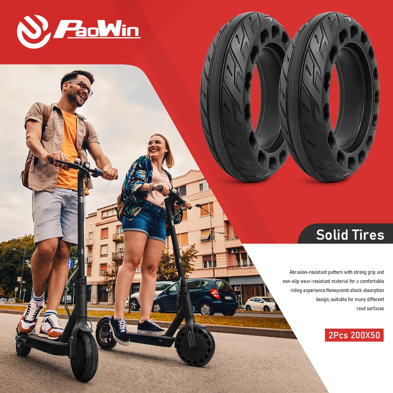 2Pcs 200x50 Solid Rubber Tires - 8 Inch Electric Scooter Wheels Replacement, Front/Rear Solid Tire for 200x50 E-Scooter (P-T006) - Durable & Puncture-Proof for Commuting, Campus, Urban Travel