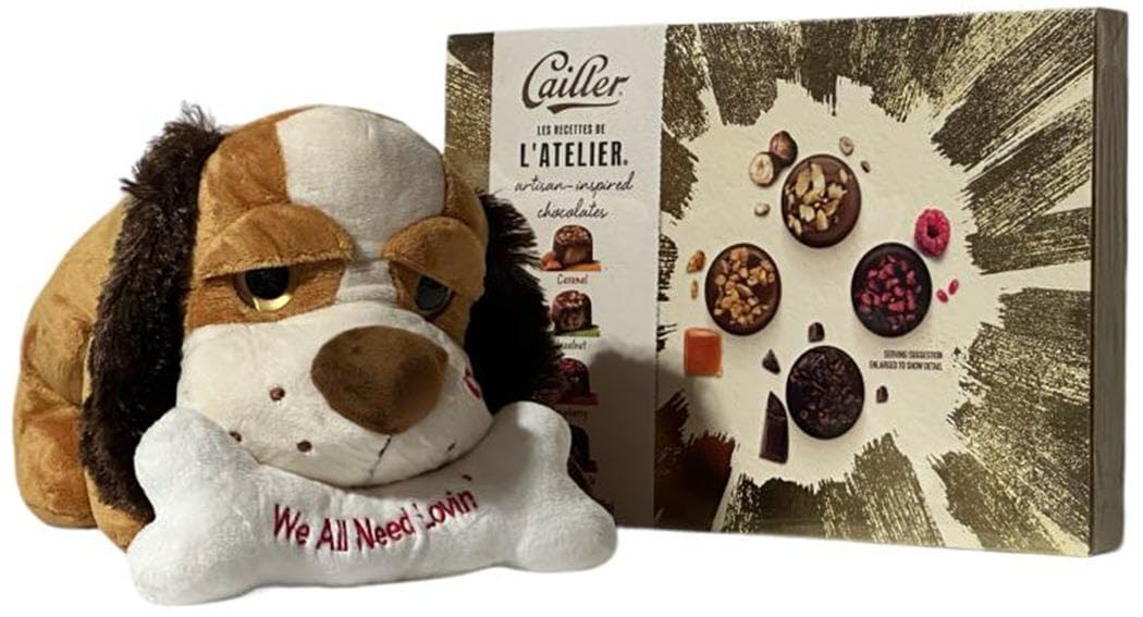 Valentine's Day Chocolate Gift Box with Plush Brown Dog | 32-Piece Cailler L'Atelier Artisan Chocolates & 17