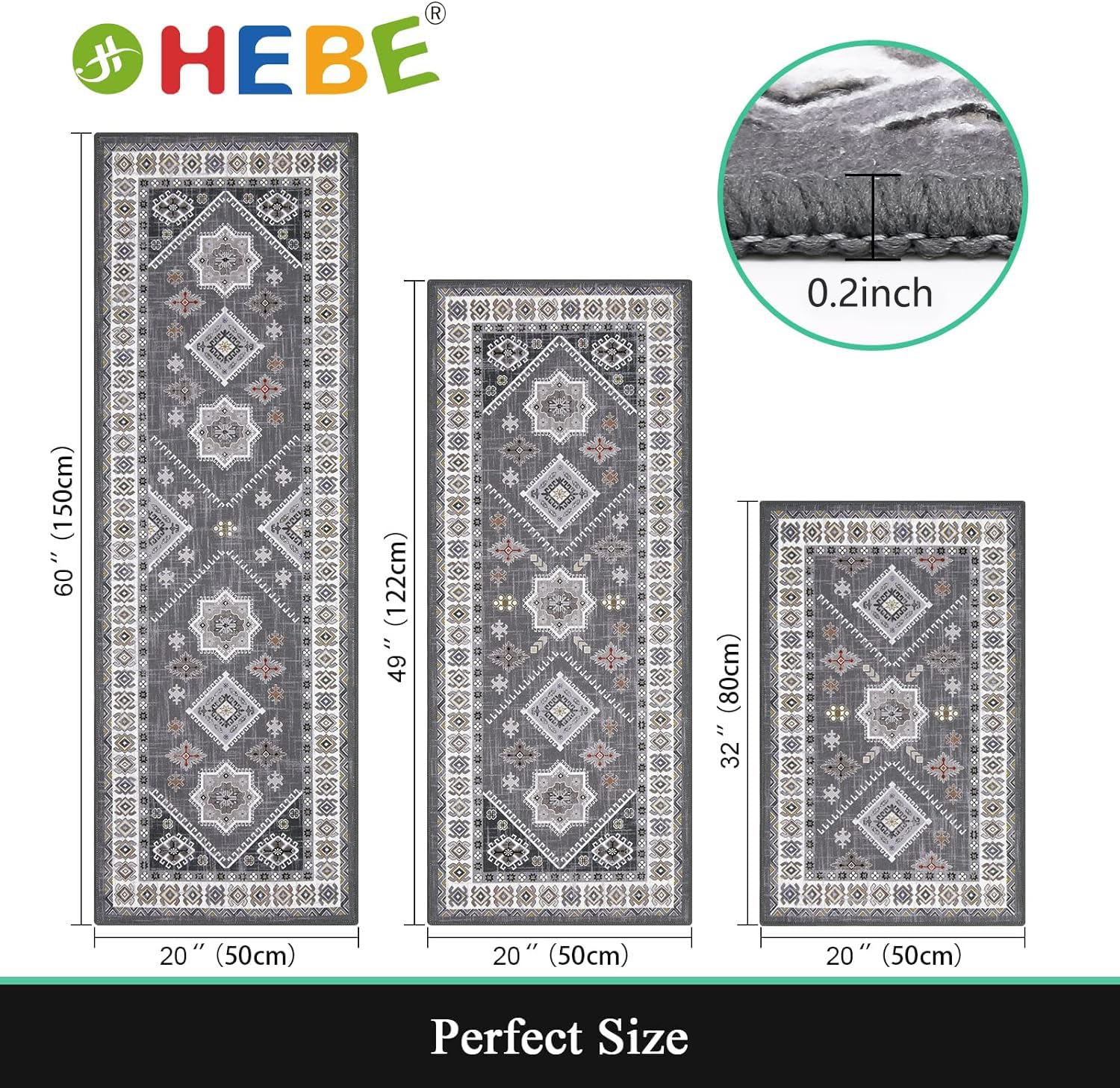 HEBE Boho Kitchen Rug Set - 3 Piece Non-Slip Washable Rugs with Runner | Thick Floor Mats for Kitchen, Hallway & Laundry Room | Perfect for Holiday Decor & Home Decorating