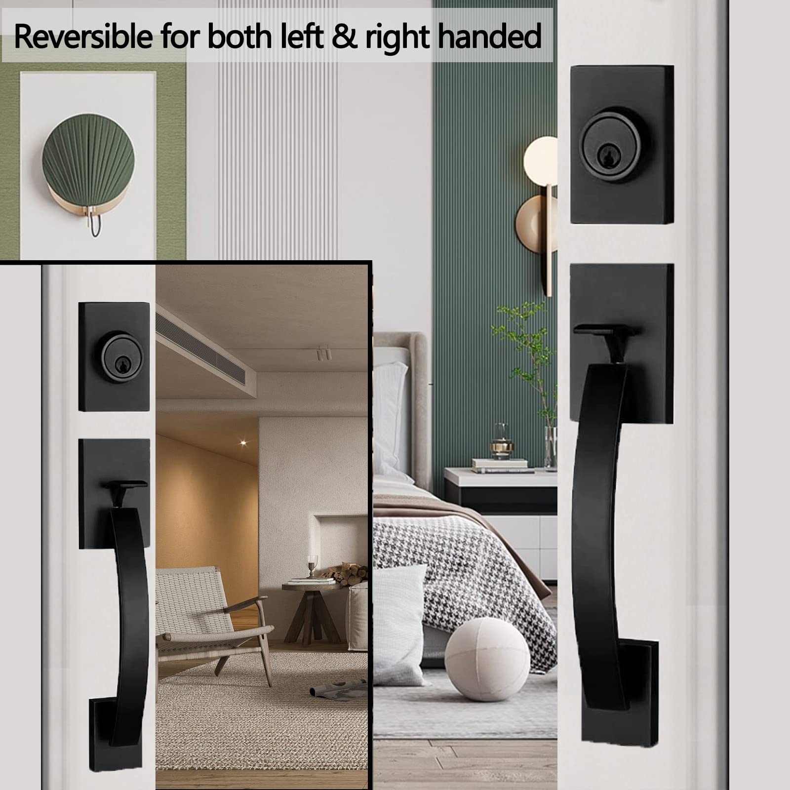 NEWBANG Matte Black Exterior Double Door Lever Handleset - Solid Brass Keyed & Dummy Door Lock Set (MDHST2017DB-SET-BR) for Home Entry, Patio & Security Doors