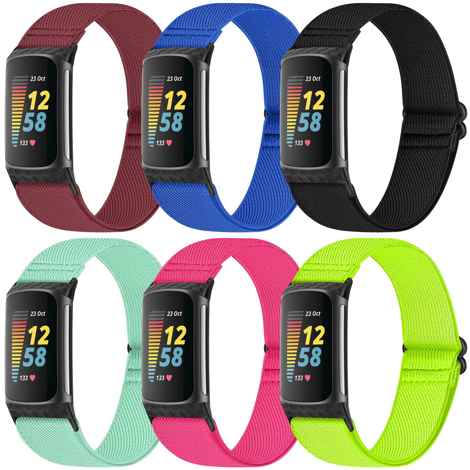 Stretchable Nylon Solo Loop Watch Band for Fitbit Charge 5 - Soft Elastic Replacement Wristband (6-Pack) - Perfect for Workouts, Running & Everyday Wear - Unisex Design for Men & Women