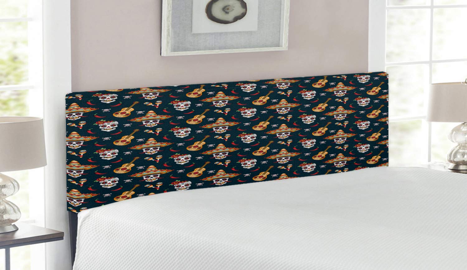 Ambesonne Mexican Queen Size Headboard - Floral Sugar Skulls with Sombrero Hats, Chili Peppers & Guitars Design - Upholstered Decorative Metal Bed Frame with Memory Foam - Vibrant Multicolor for Bedroom Decor | Perfect for Day of the Dead Theme, Southwest Style Homes & Eclectic Interior Design