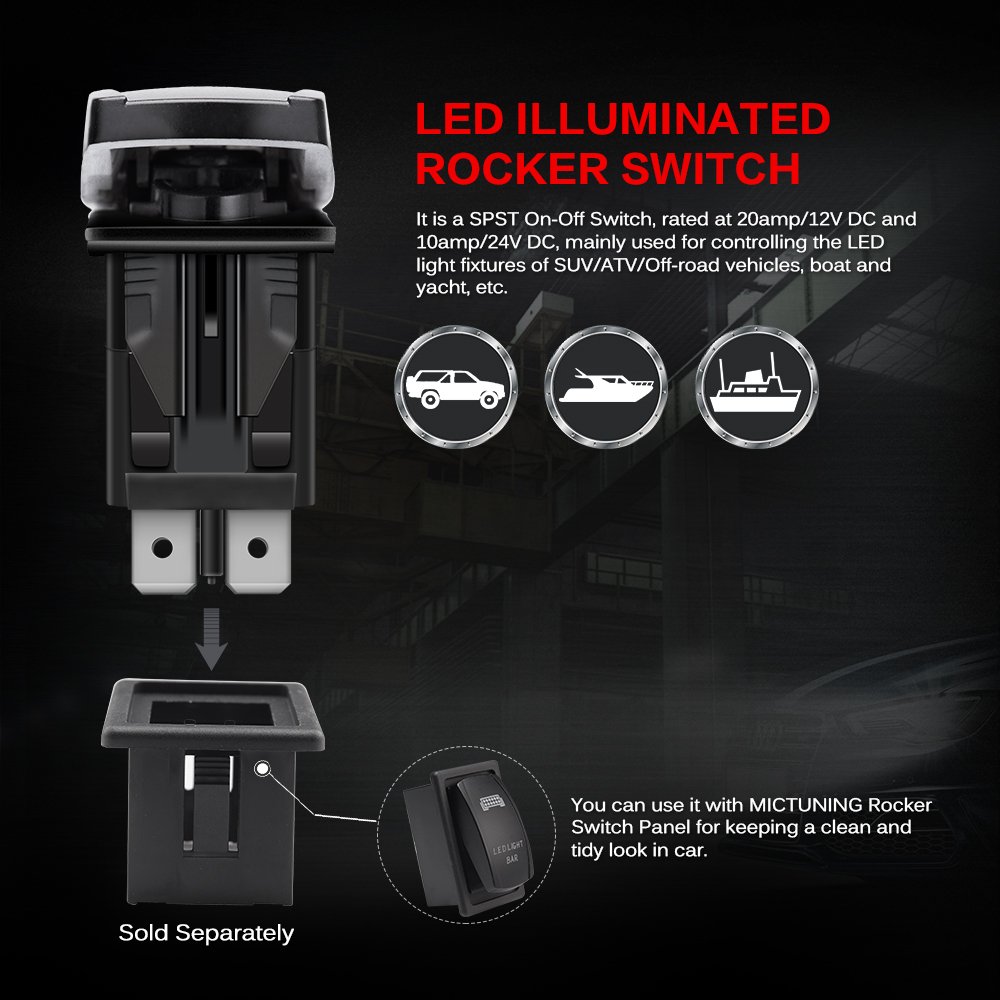 MicTuning LS08102 5-Pin LED Light Bar Rocker Switch - 20A 12V On/Off Toggle with Green Illumination - Perfect for Off-Road Vehicles, Marine Boats & ATV Lighting Systems