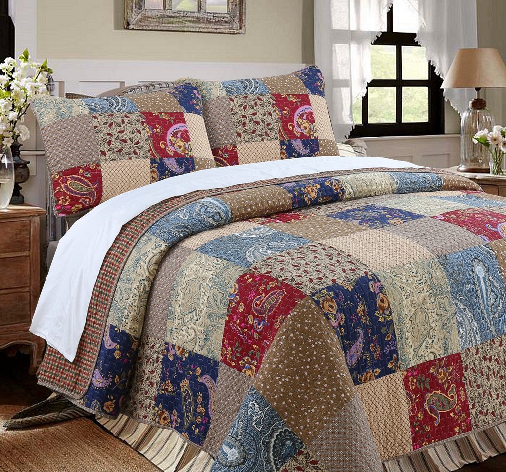 100% Cotton Reversible Quilt Bedding Set - Cozy Line Home Fashions Sanders Brown Floral Patchwork Coverlet & Bedspread (Red Navy, King Size 3-Piece) for Master Bedroom, Guest Room & Cozy Farmhouse Decor