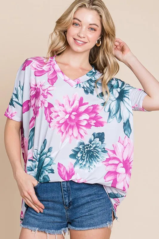 BOMBOM Floral Print V-Neck Short Sleeve T-Shirt for Women - Summer Casual Top, Beach Outfit, Date Night Shirt