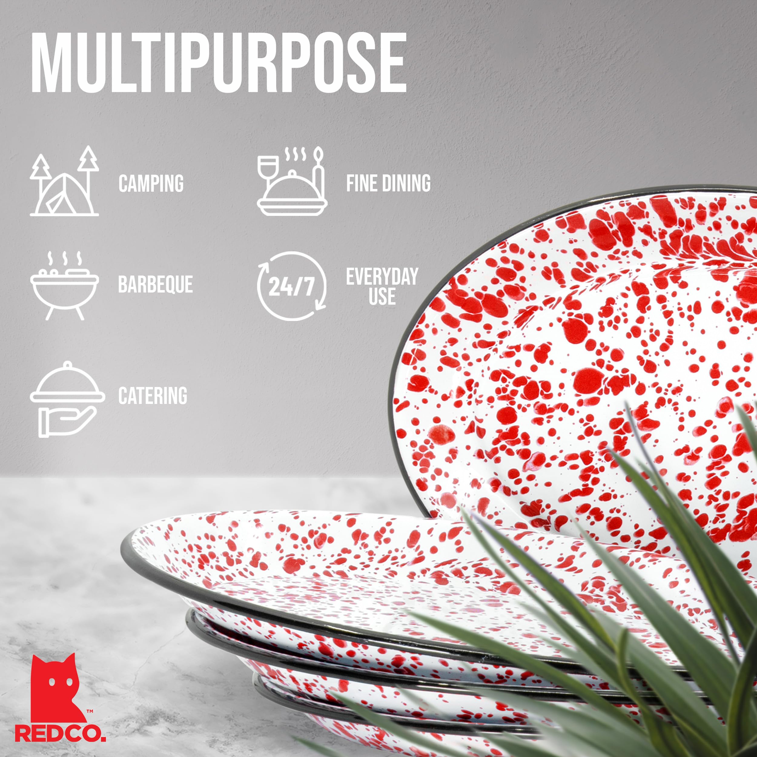 Red Co. Enamelware 13-Inch Oval Serving Tray - Classic Red Marble & Black Rim Splatter Design | Durable Metal Platter for Entertaining, Buffets & Home Decor