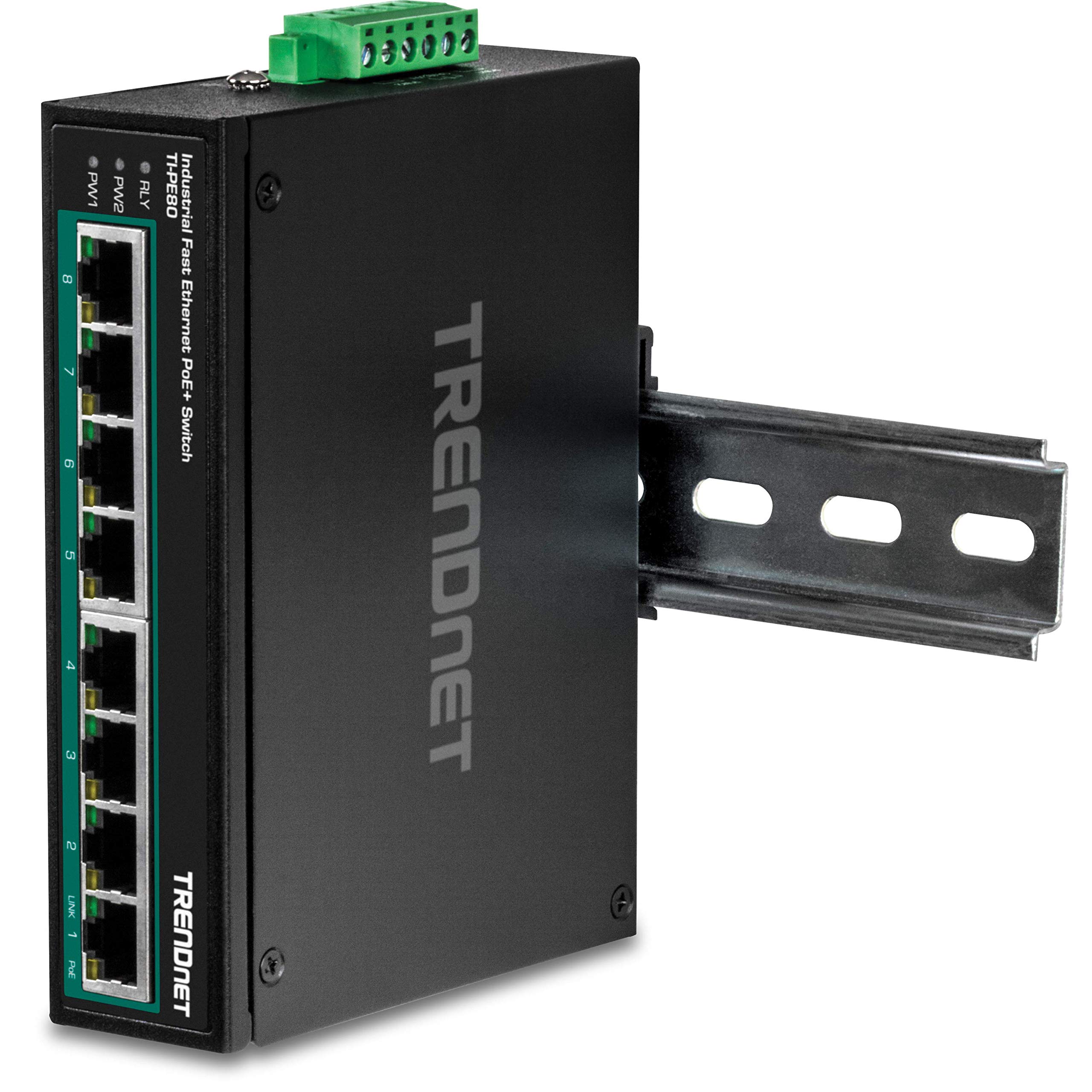 TRENDnet TI-PE80 8-Port Industrial Fast Ethernet PoE+ DIN-Rail Switch - 200W Power Budget, 1.6Gbps Capacity, IP30 Rated for Harsh Environments - Ideal for Factory Automation, Security Systems & Industrial IoT Networks