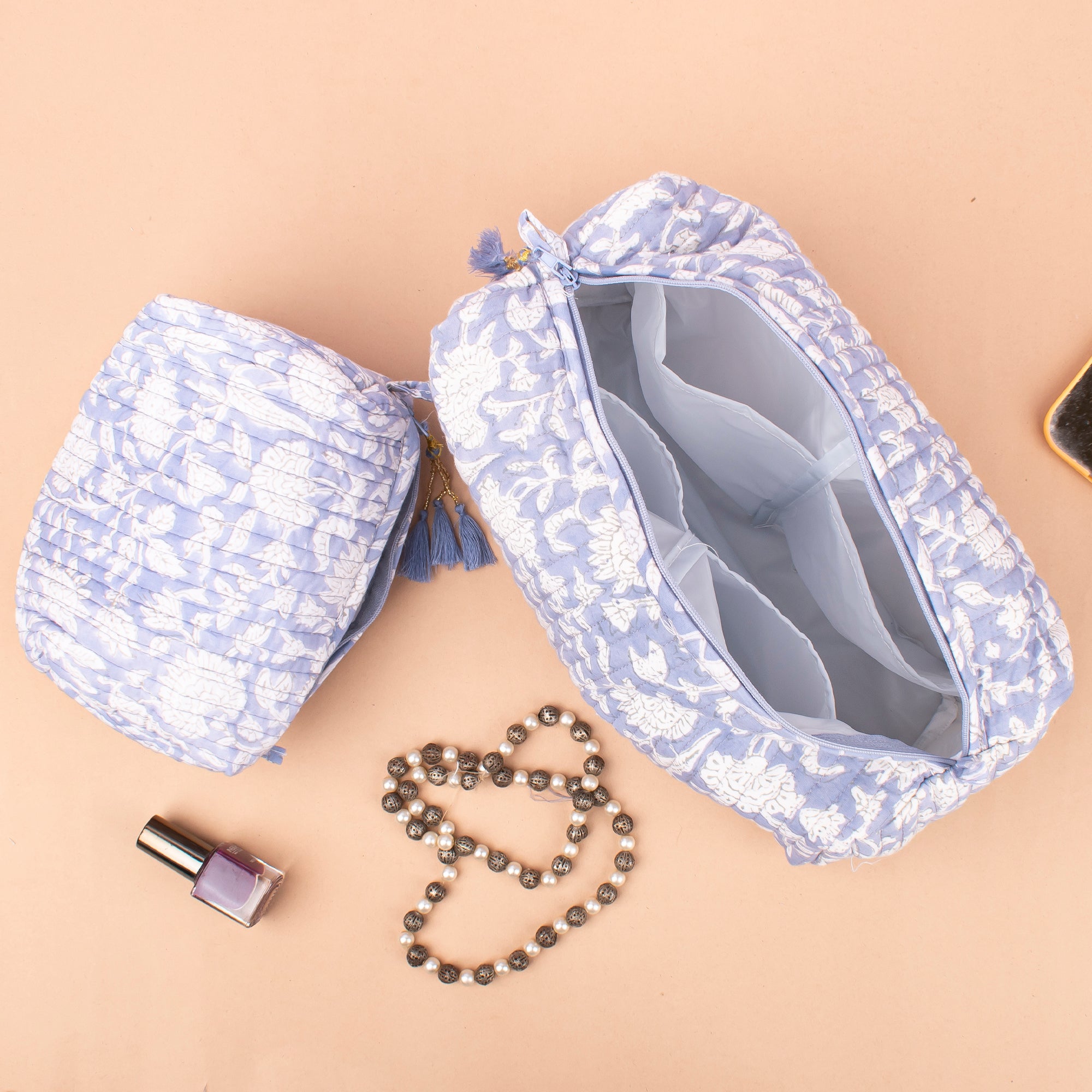 Handmade Indian Block Print Quilted Vanity Case - Large Cotton Makeup Pouch with Zipper - Travel Toiletry Bag for Women - Perfect for Cosmetics, Jewelry & Travel Essentials