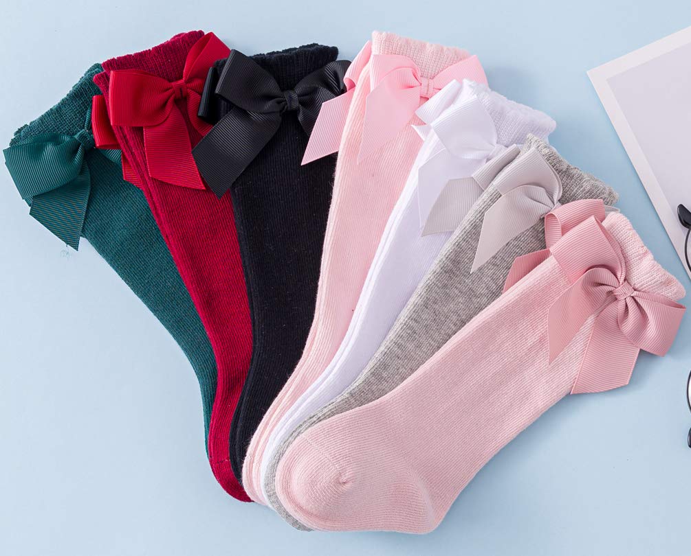 Maorrew 2 Pack Baby Girls Knee High Socks with Bows - Cotton Long Stockings for Infants & Toddlers - Soft Ruffled Uniform Leggings for School, Playtime & Special Occasions