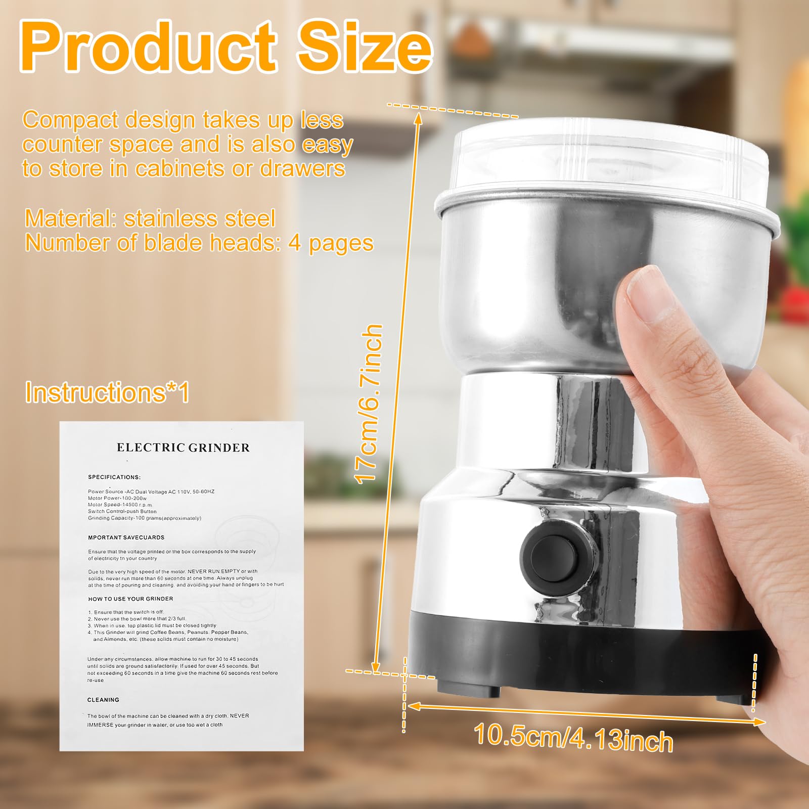 Premium Electric Coffee Grinder 300ml - Mini Stainless Steel Coffee & Spice Grinder with One-Touch Start - Portable Mill for Coffee Beans, Nuts & Spices - Perfect for Home, Office & Travel Use