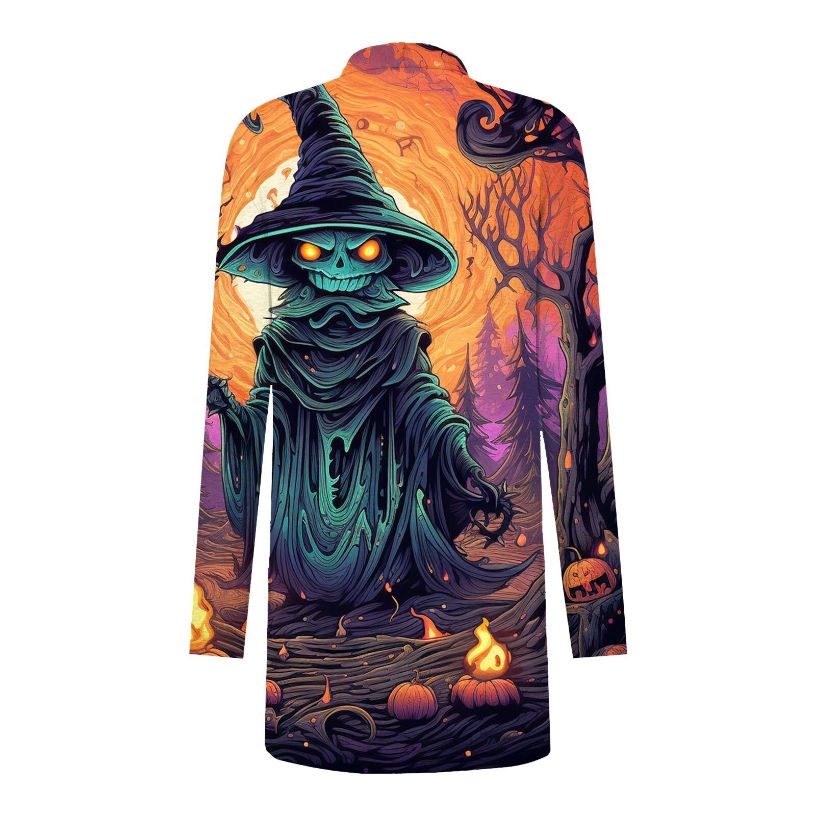 Halloween Women's Cardigan - Witch & Spider Web Graphic Open Front Sweater with Pockets | Cozy Fall Casual Jacket for Costume Parties, Office Wear & Autumn Outfits