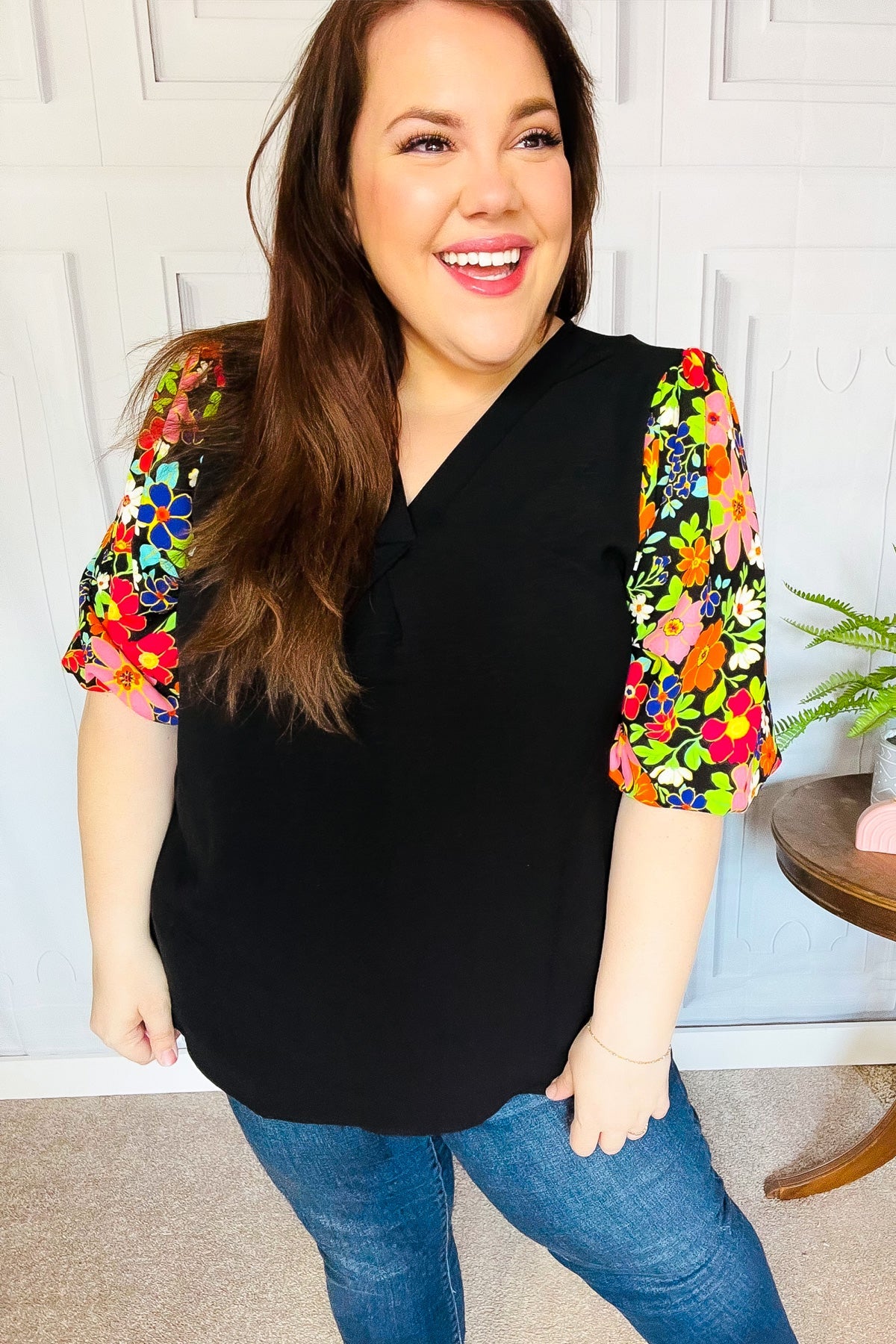Eyes On You Black Floral Puff Sleeve V Neck Top - Women's Fashion Blouse for Date Night & Special Occasions