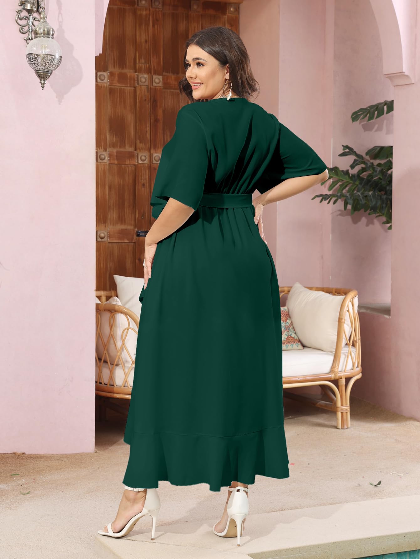 SCOMCHIC Women's Plus Size Wrap V-Neck Maxi Dress with Short Sleeves, High-Low Split & Ruffle Hem - Perfect for Summer Vacations, Beach Getaways, and Evening Parties